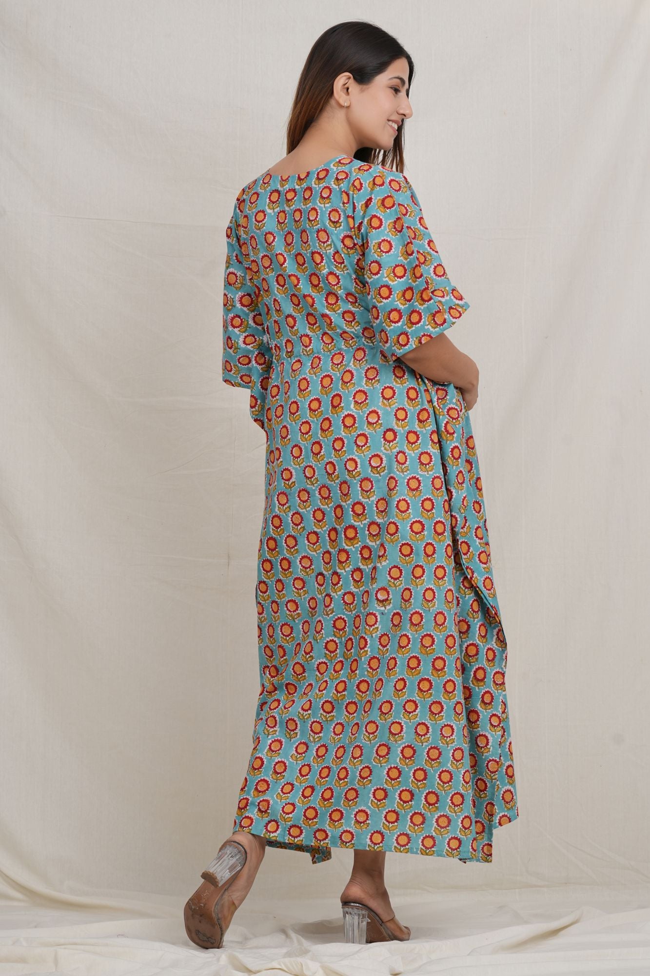 Sun Flower Printed Cotton Twin Zip Maternity Feeding Kaftan