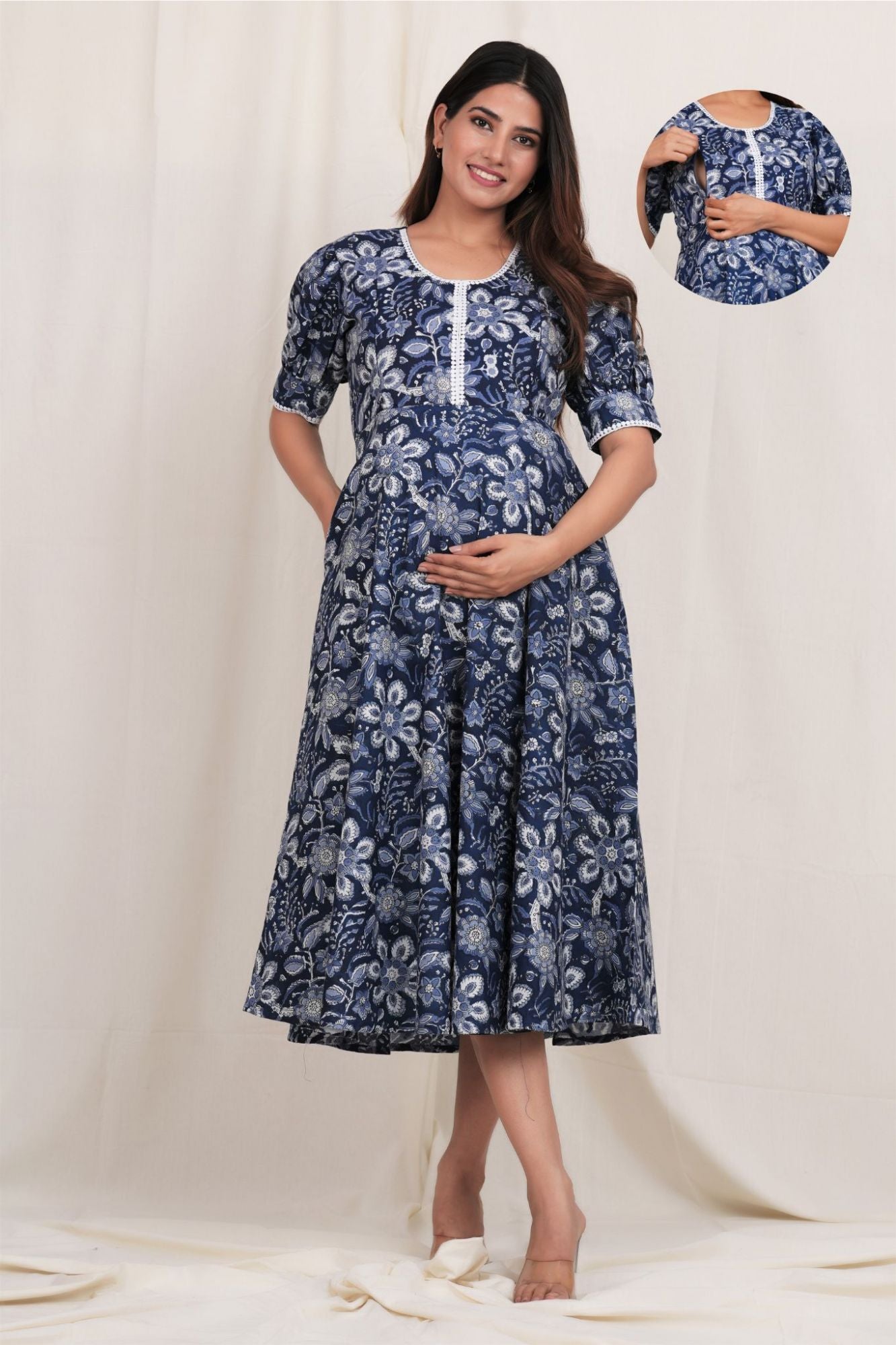 Rudra Cotton Twin Zip Maternity Dress for Feeding