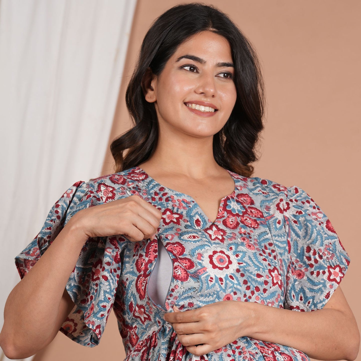Floral Printed With Twin Zip Cotton Maternity Feeding Kurti