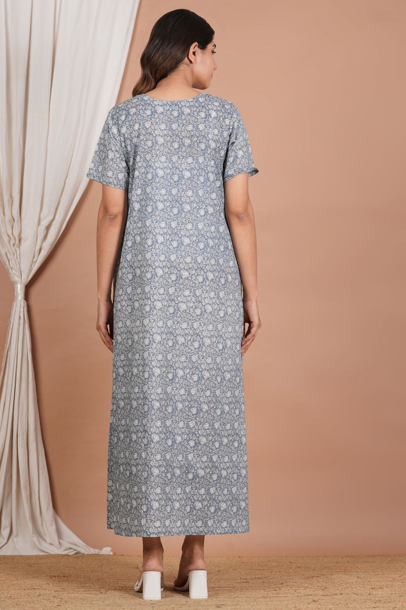 Pure Cotton Grey Maternity Gown with Feeding Zip Dress