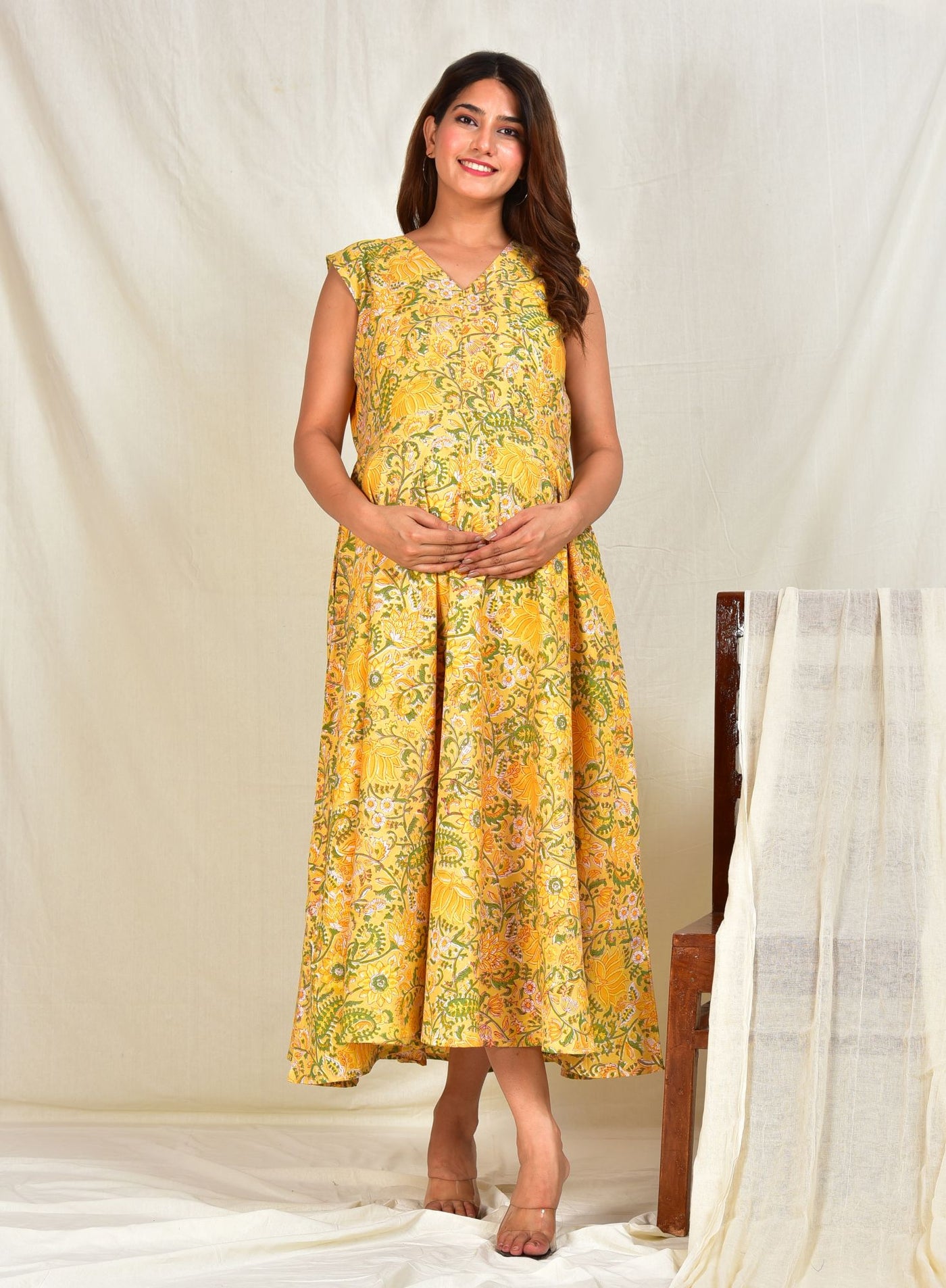 Kanak Kapisam Handblock Cotton Maternity Feeding Maxi Dress