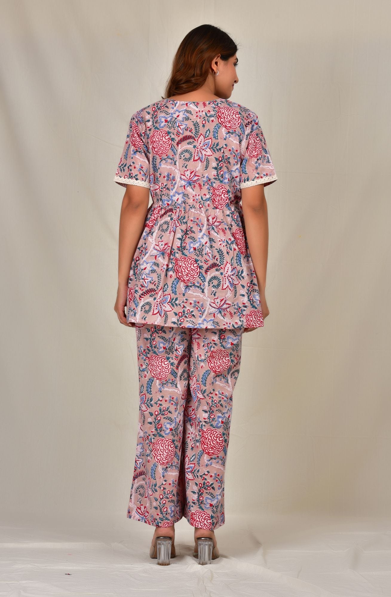 Radha Padmini Handblock Cotton Maternity Nursing Peplum Palazzo Loungewear Set