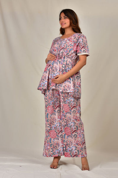 Radha Padmini Handblock Cotton Maternity Nursing Peplum Palazzo Loungewear Set