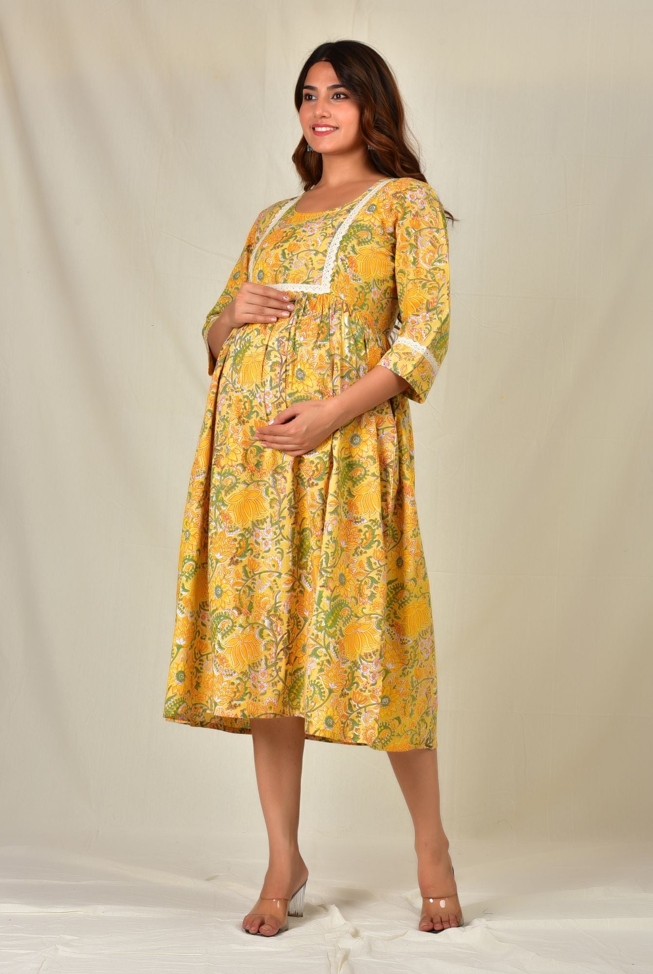 Yellow Floral Printed Cotton Twin Zip Maternity Feeding Kurti Dress
