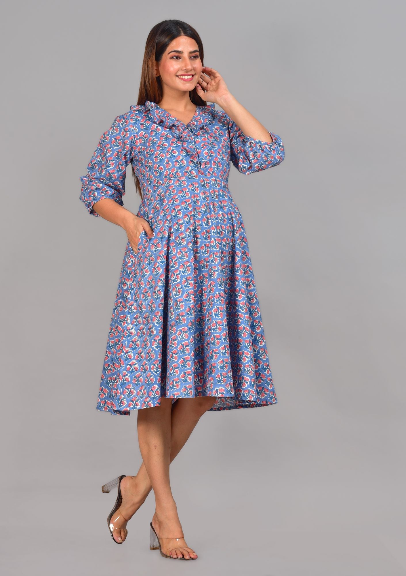 Nitamba Handblock Cotton Nursing Dress with Feeding Zip