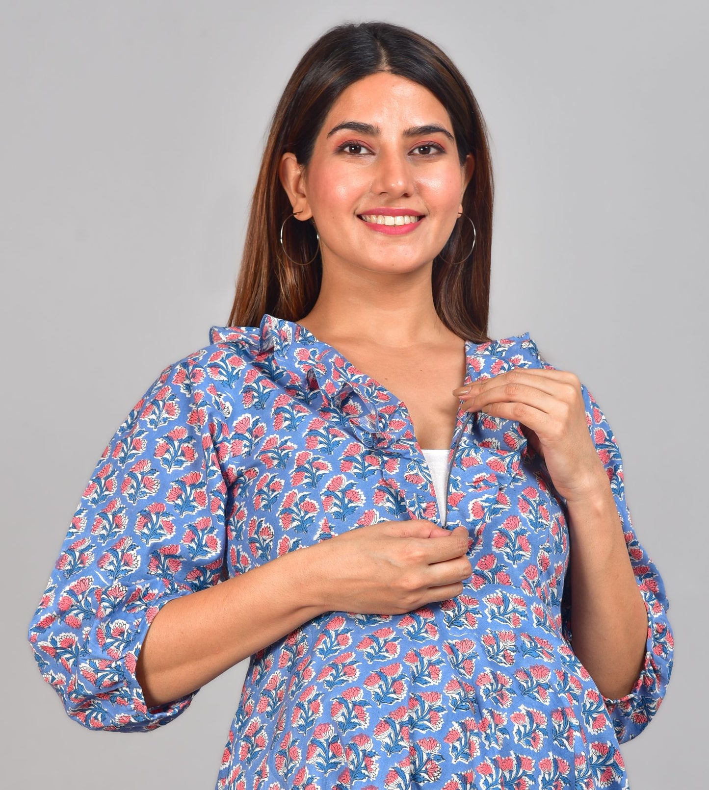 Nitamba Handblock Cotton Nursing Dress with Feeding Zip
