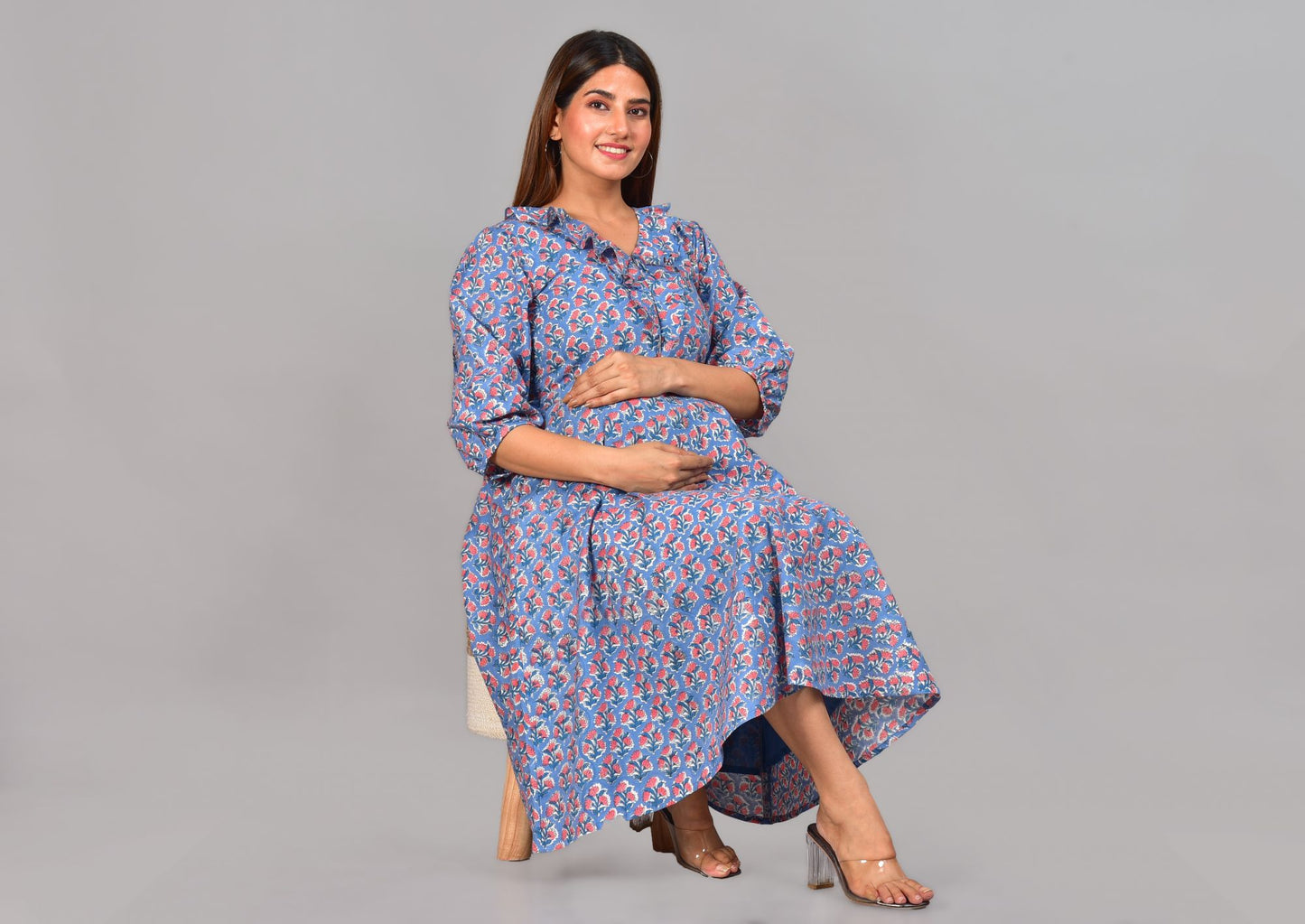 Nitamba Handblock Cotton Nursing Dress with Feeding Zip