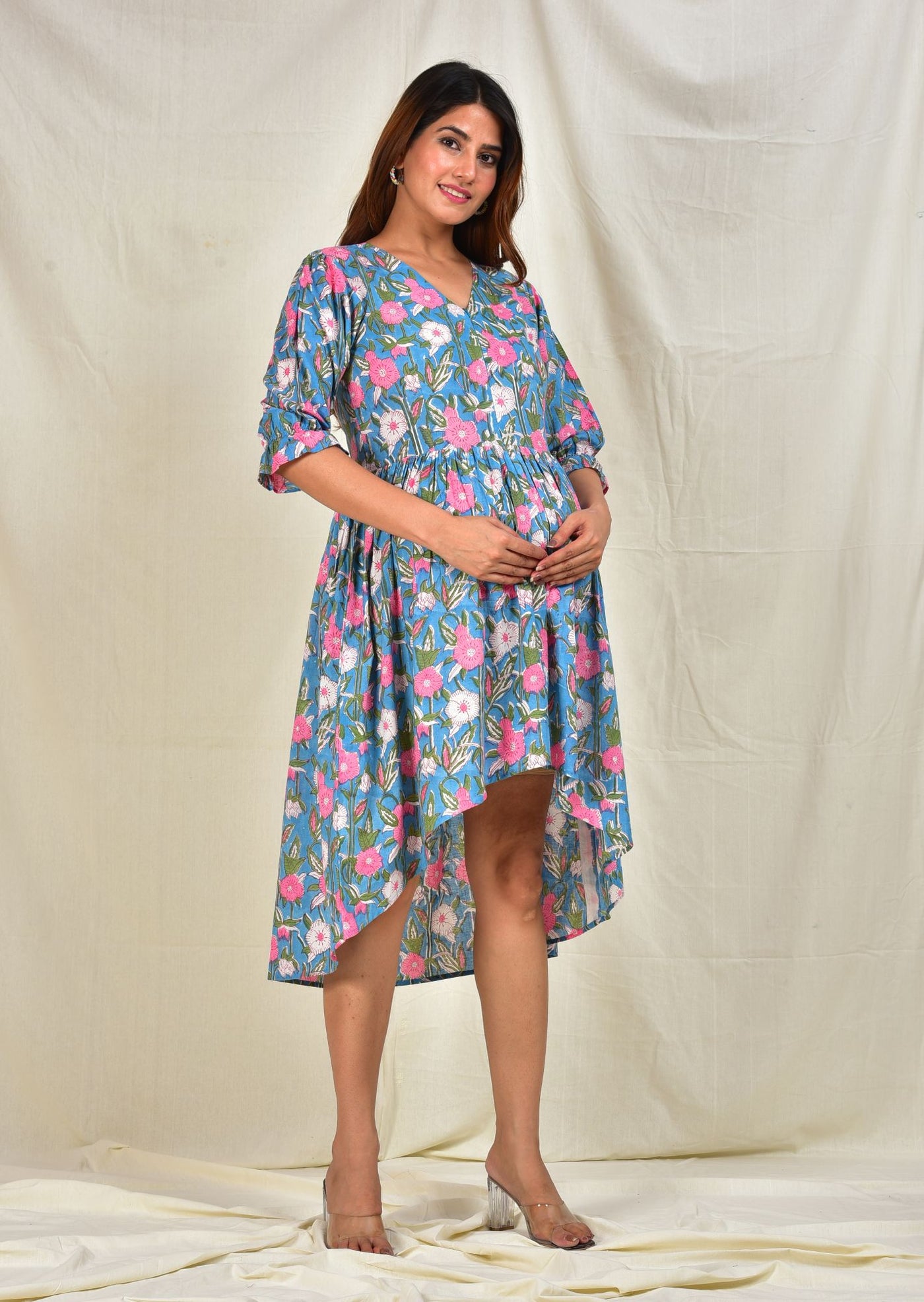 Rasika Nandan Handblock Cotton Maternity Long Short Dress