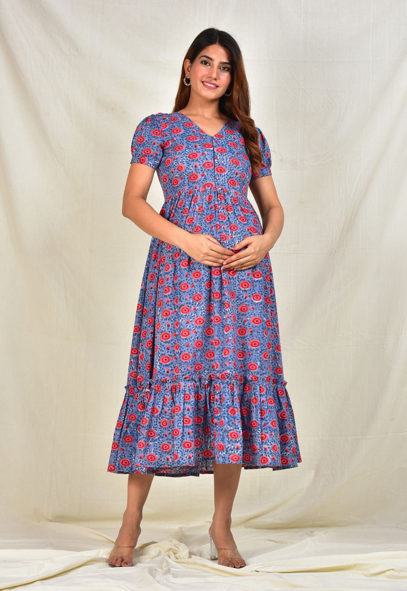 Nirguna Handblock Cotton Maternity Feeding Dress with Zip