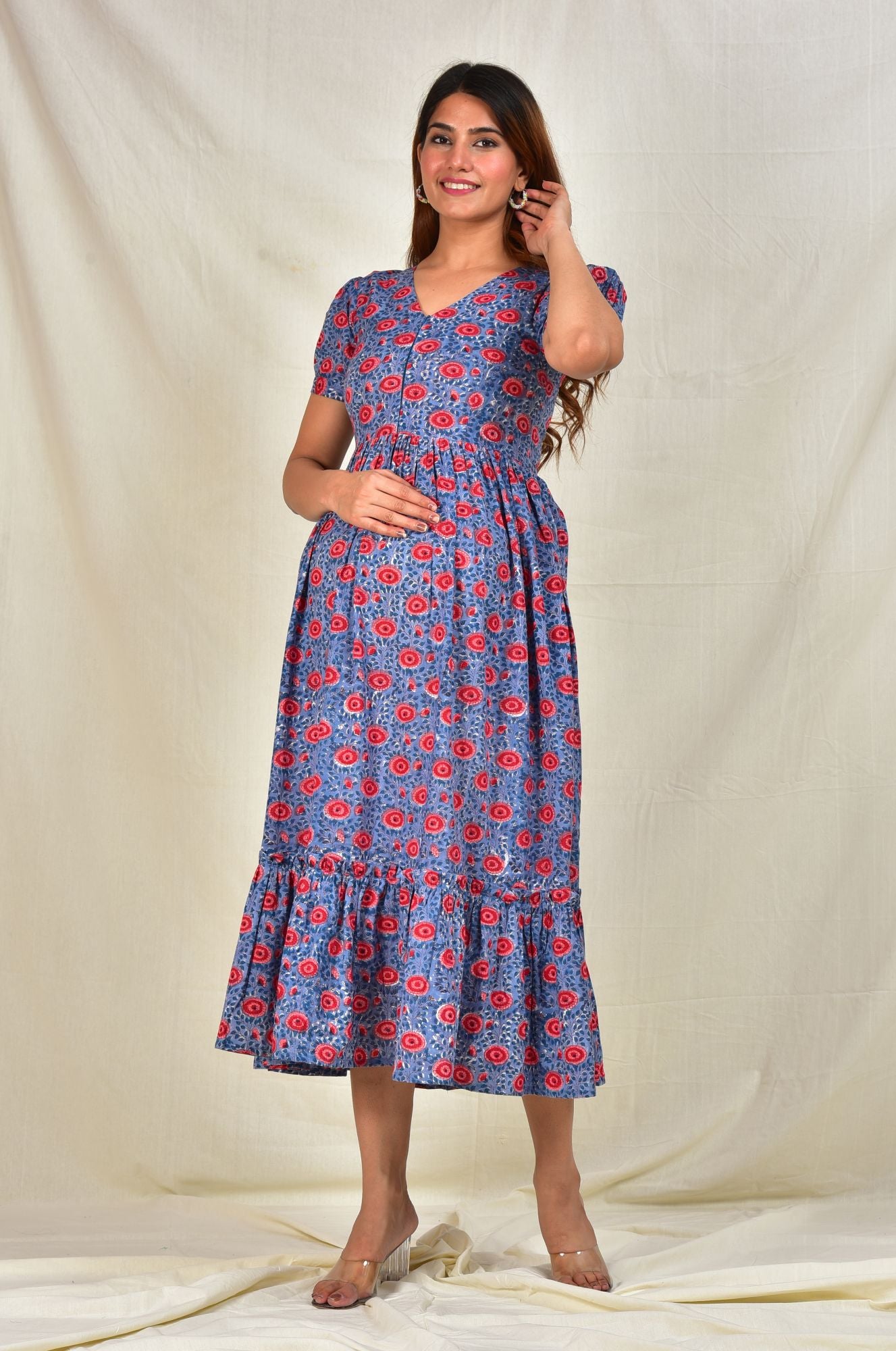 Nirguna Handblock Cotton Maternity Feeding Dress with Zip