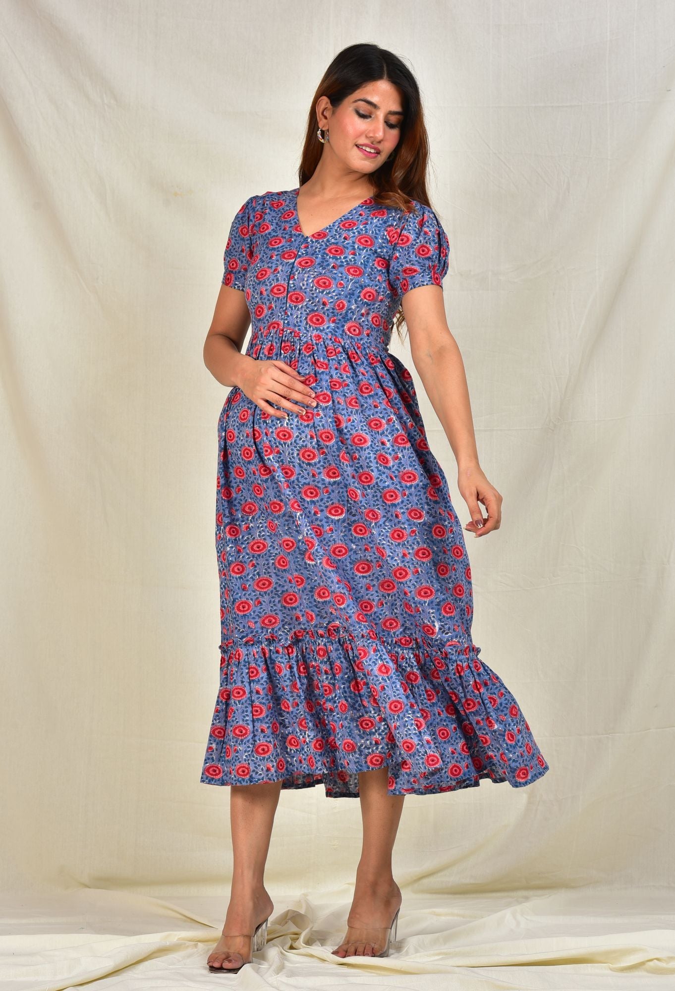 Nirguna Handblock Cotton Maternity Feeding Dress with Zip