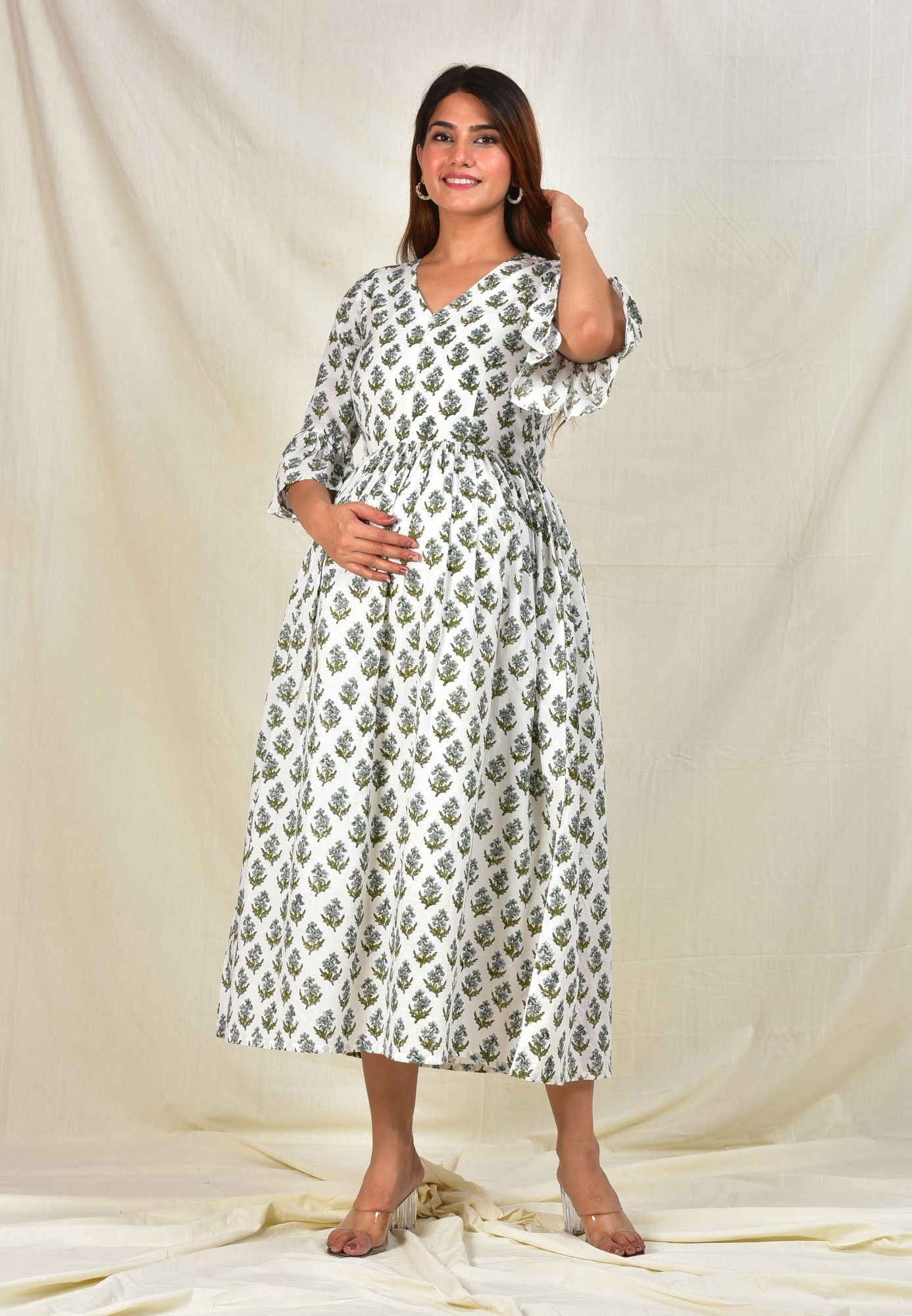 Vrindavani Handblock Cotton Maternity Feeding Dress