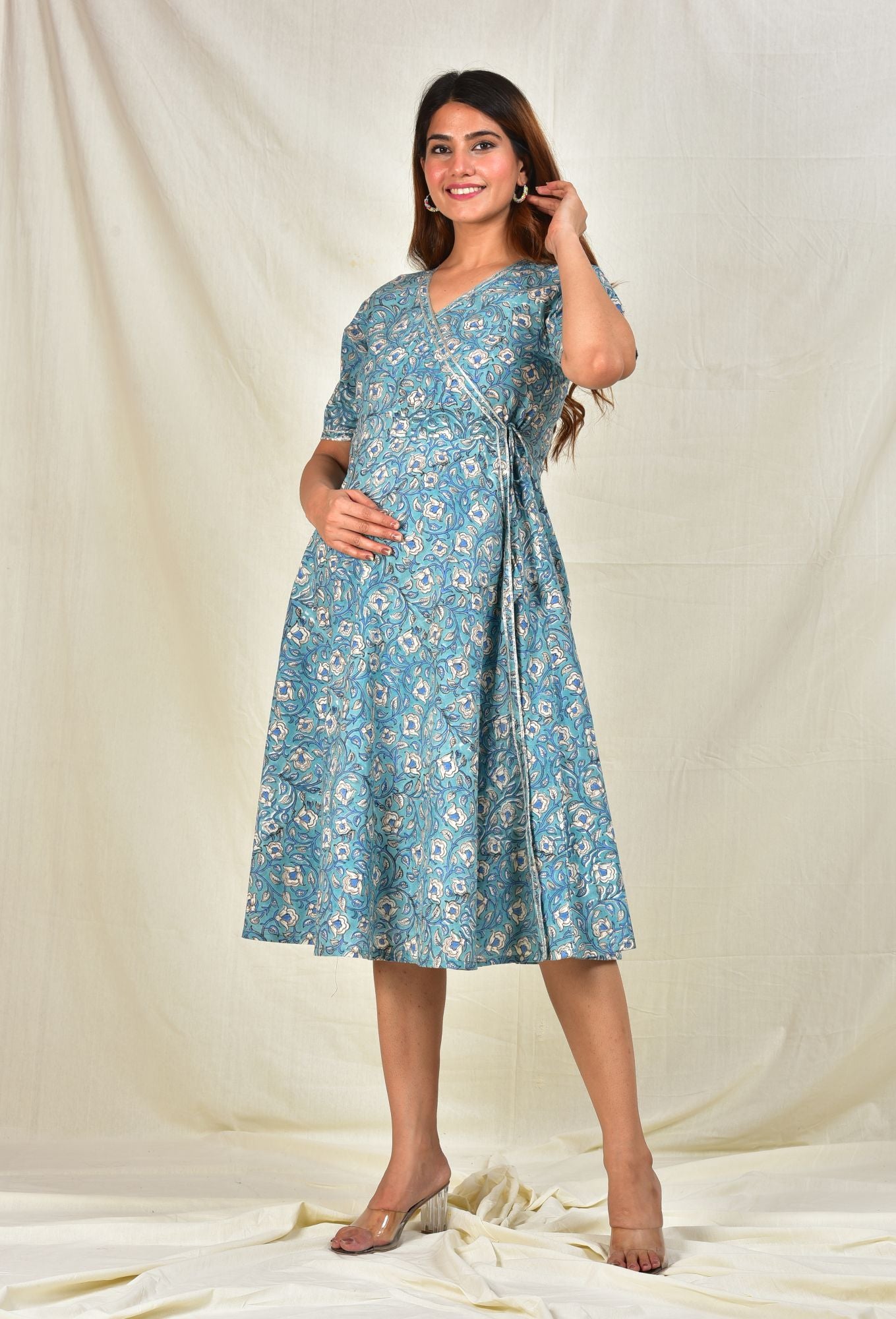 Neeladri Handblock Angrakha Pregnancy Dress