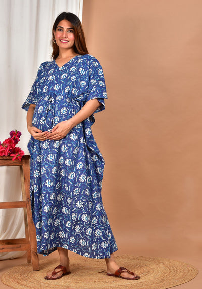 Blue Digital Printed Cotton Feeding Maternity Kaftan with Twin Zip