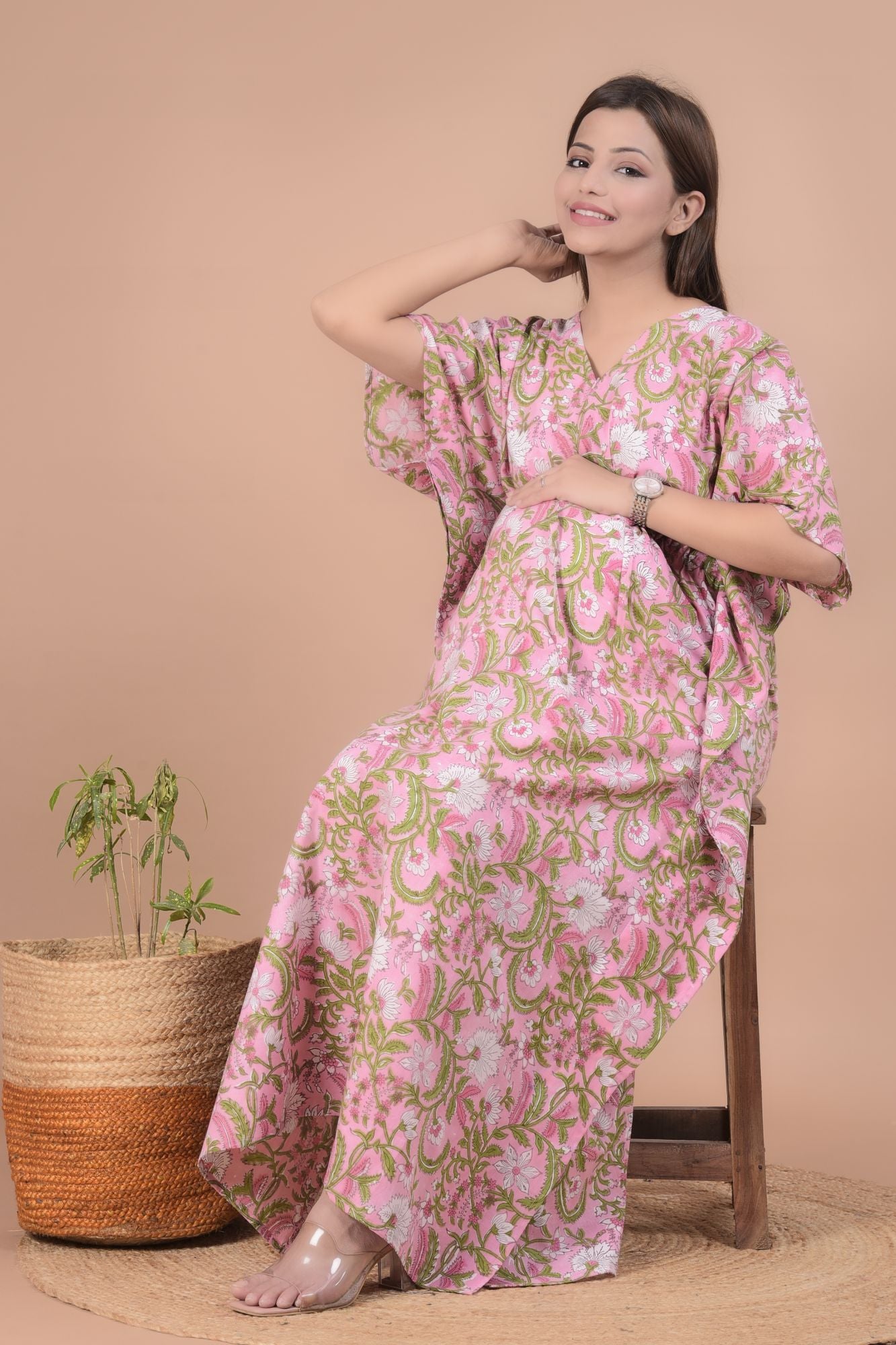 Pure Cotton Flower Print Maternity Feeding Kaftan