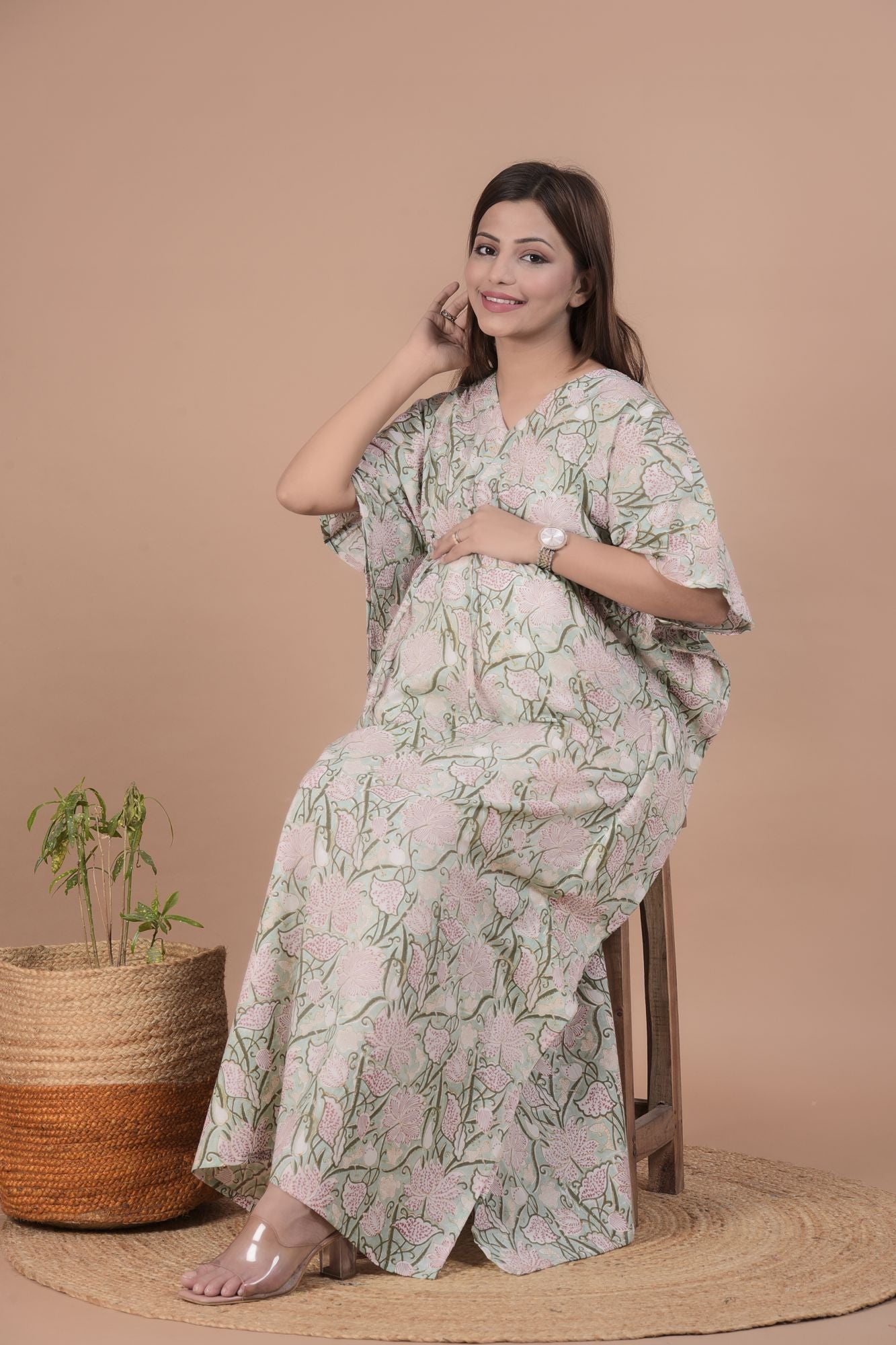 Kadamb Handblock Cotton Maternity Kaftan with Nursing Zip