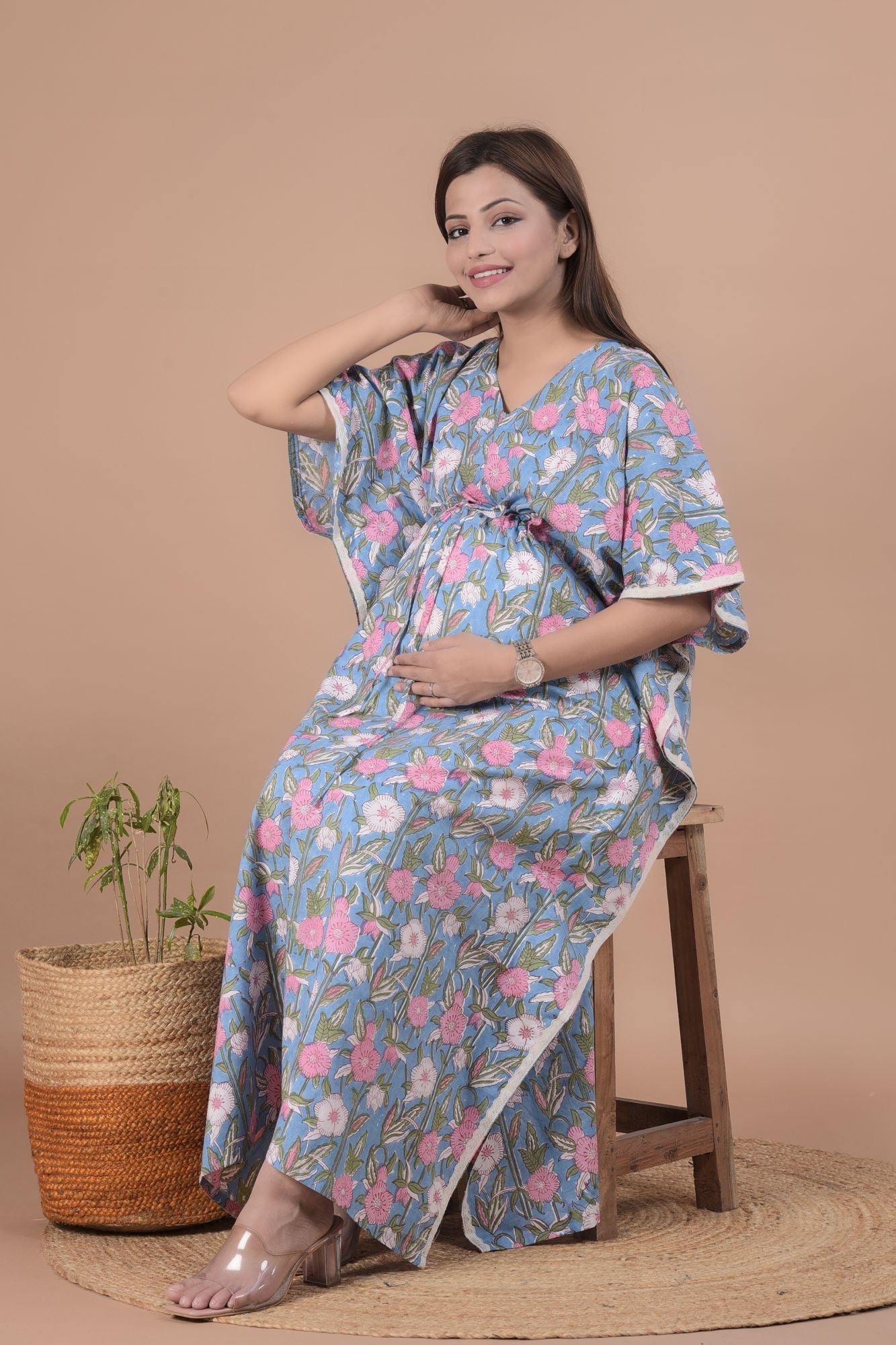 Floral Printed Cotton Maternity Feeding Kaftan