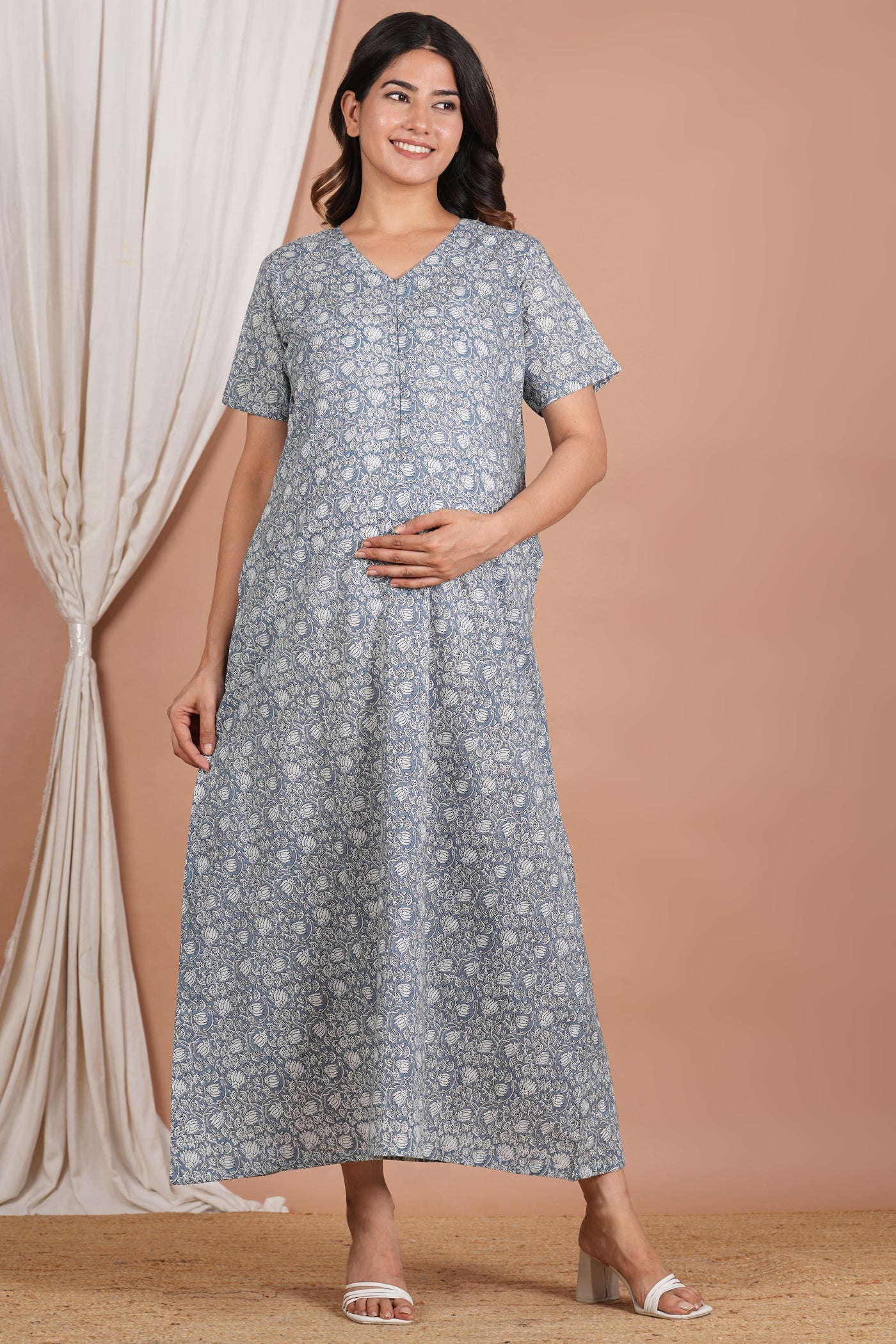 FULL LENGTH COTTON Nursing Gown for Mommy, Maternity for Photoshoot Both  Side Zipper, Blue Block Print Gown, Breastfeeding Baby Shower Gift - Etsy