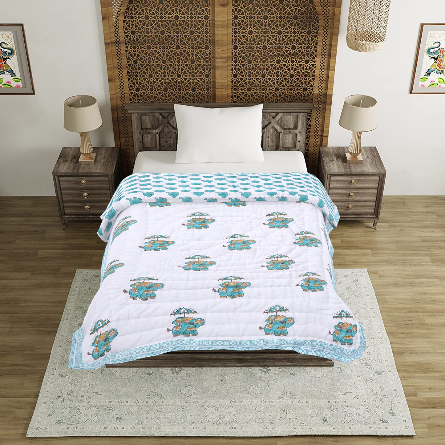 Elephant Handblock Cotton Baby Quilt (60x40)