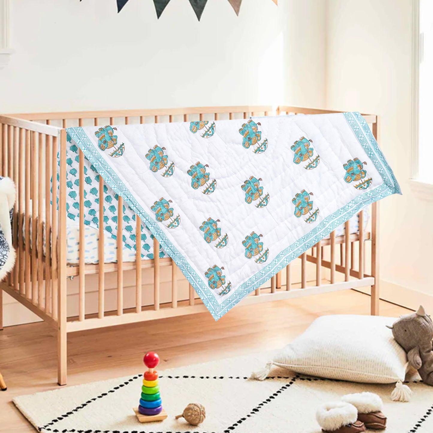 Elephant Handblock Cotton Baby Quilt (60x40)