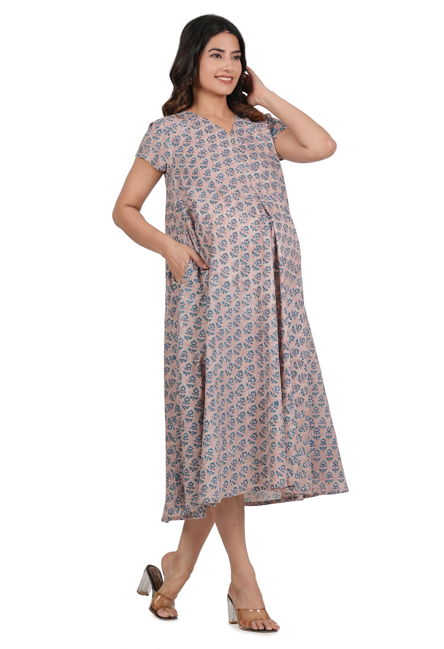 Saumya Handblock Maternity Nursing Maxi Gown
