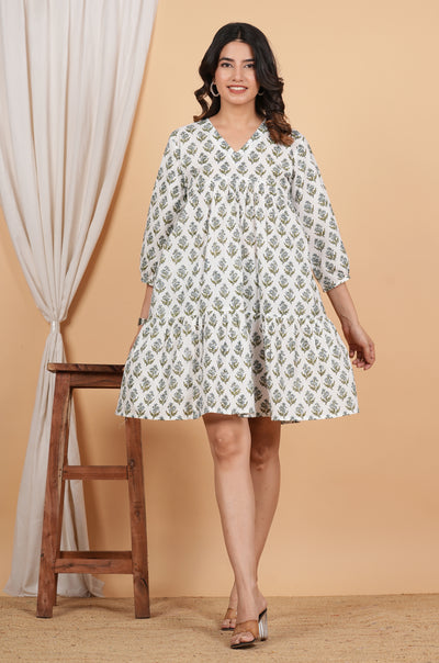 White Flower  Handblock Cotton Summer Dress