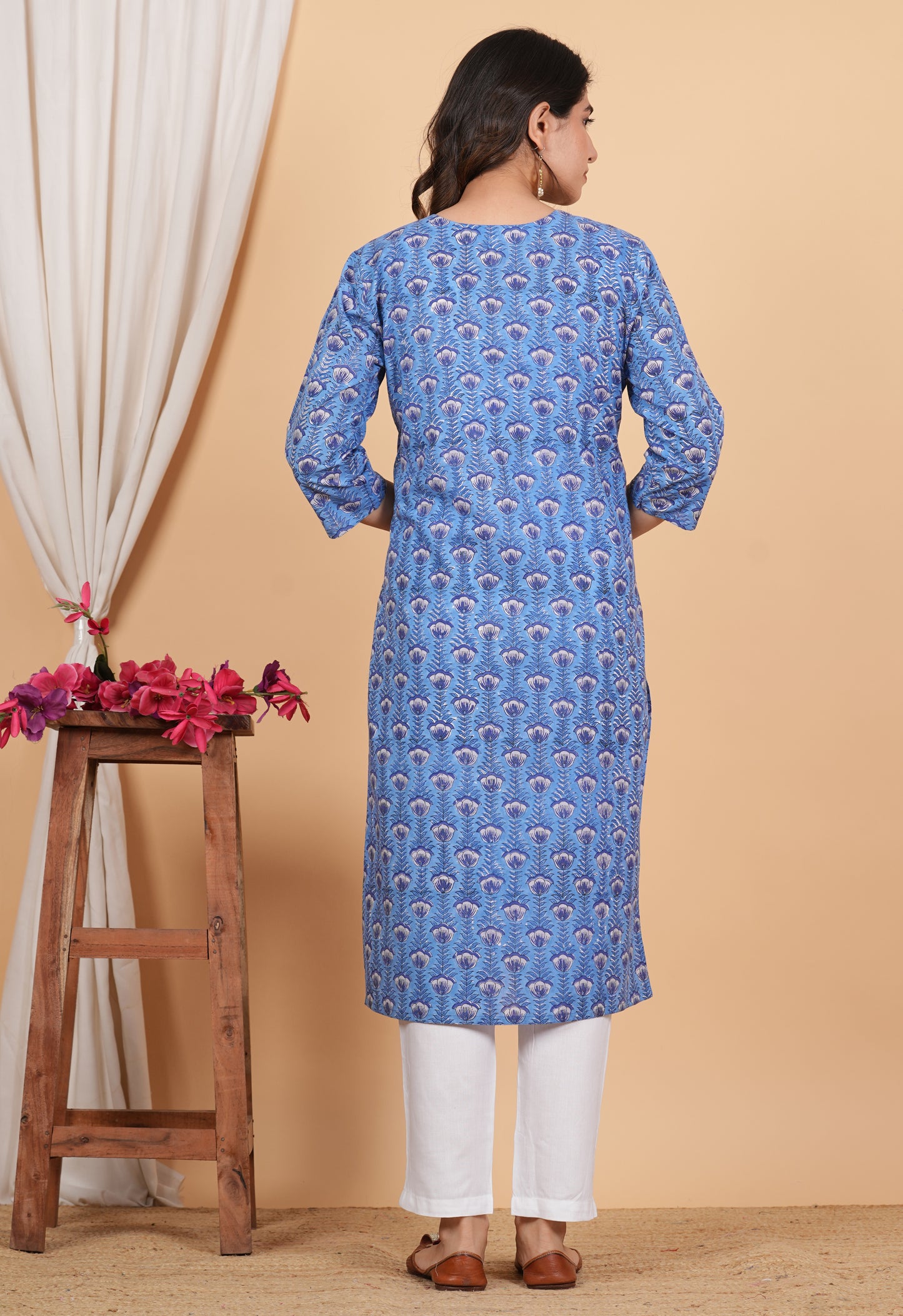 Floral Blue Cotton Twin Zip Maternity Feeding Kurti Dress