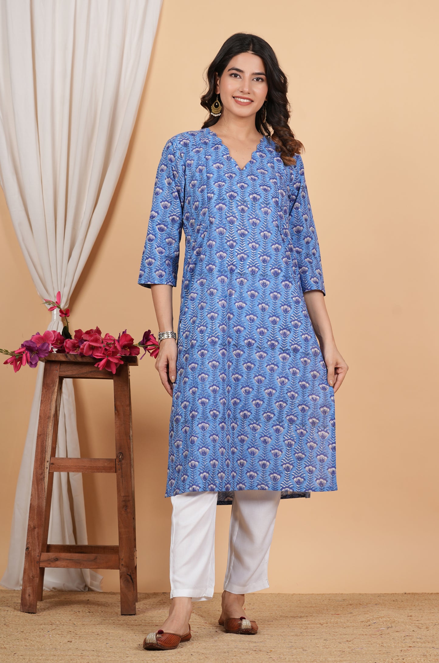 Floral Blue Cotton Twin Zip Maternity Feeding Kurti Dress