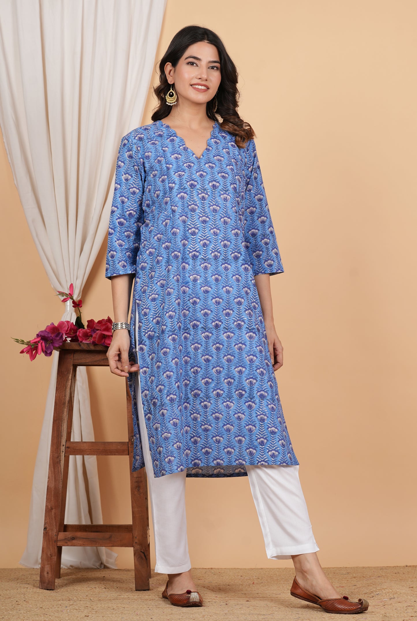 Floral Blue Cotton Twin Zip Maternity Feeding Kurti Dress