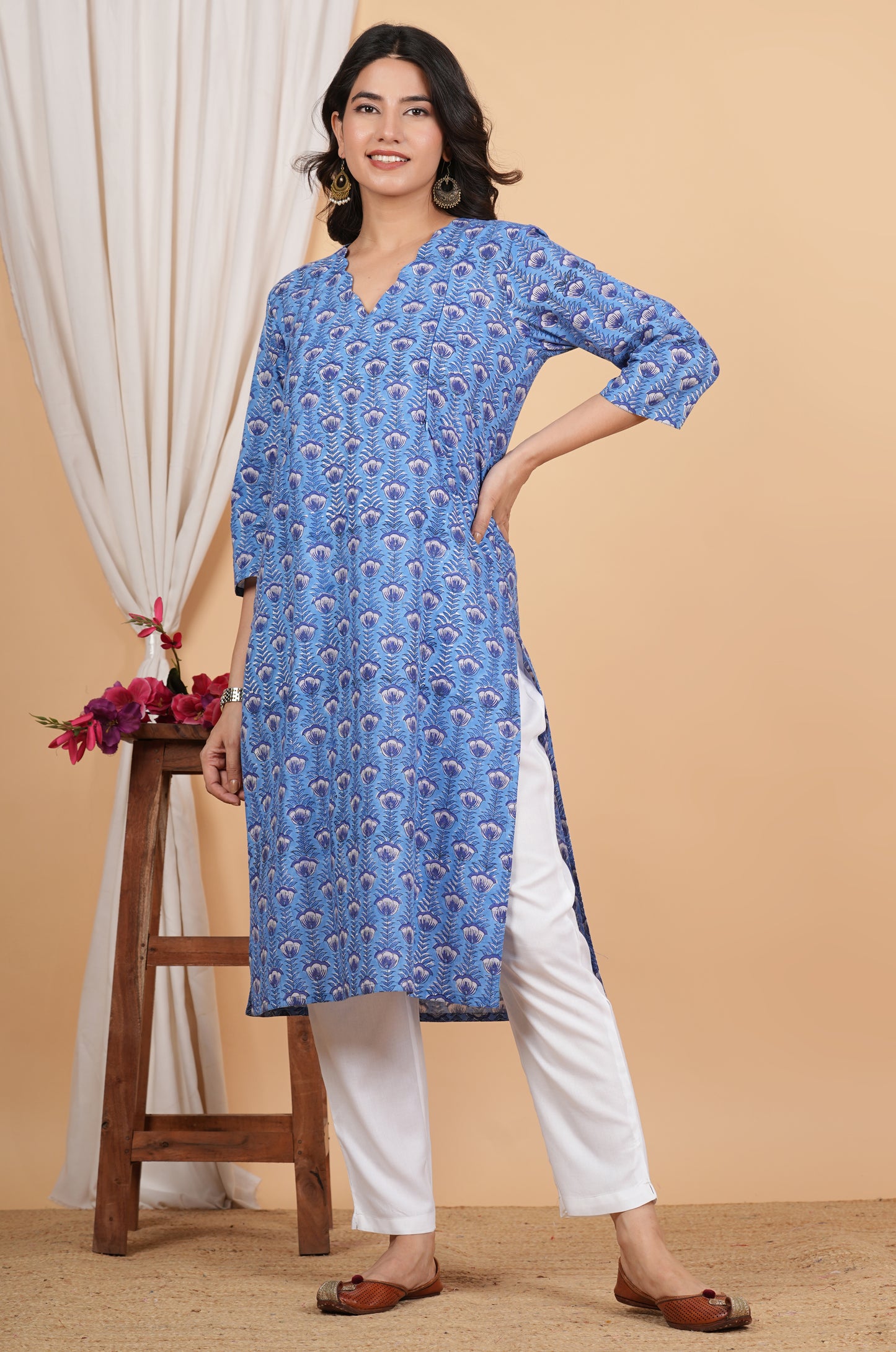 Floral Blue Cotton Twin Zip Maternity Feeding Kurti Dress