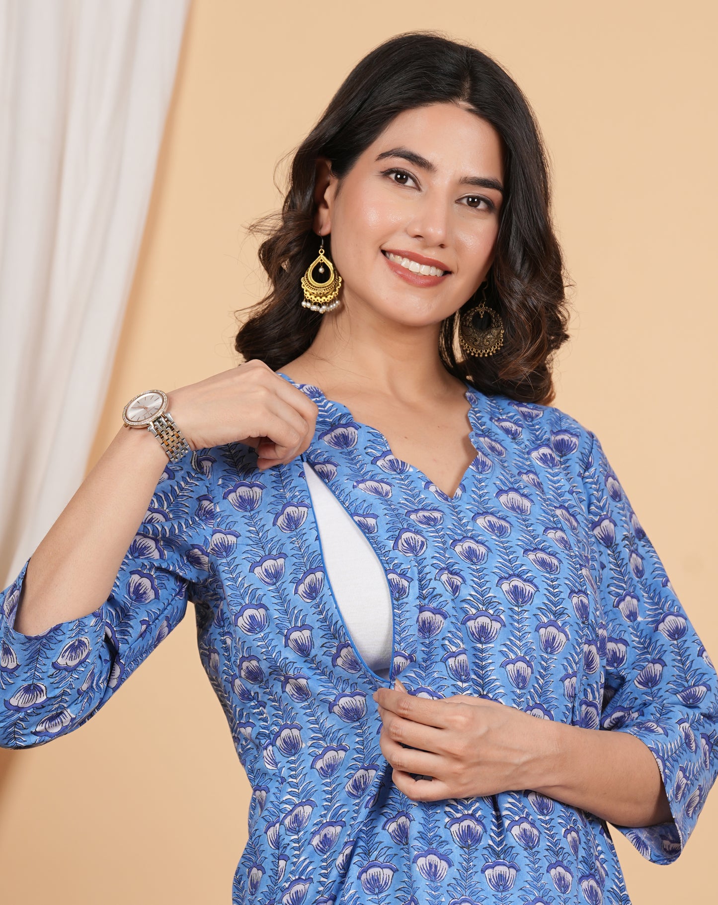 Floral Blue Cotton Twin Zip Maternity Feeding Kurti Dress