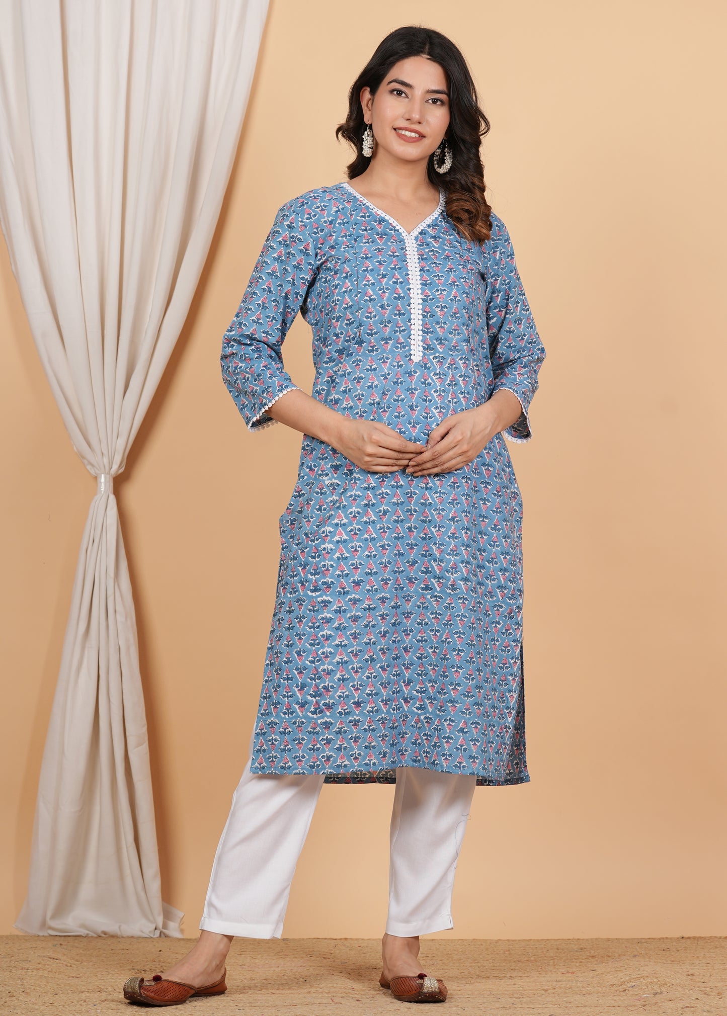 Nitai Sachi Suta Handblock Cotton Twin Zip Nursing Kurti