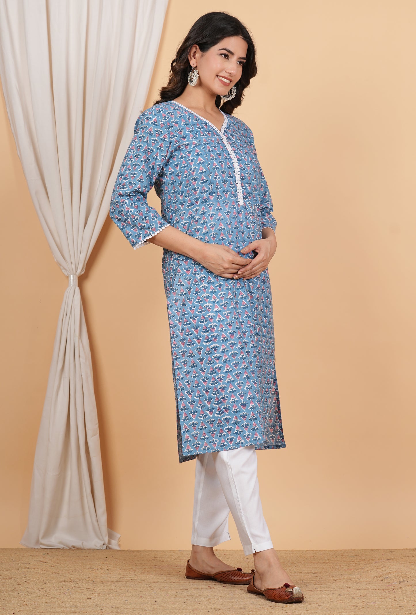 Nitai Sachi Suta Handblock Cotton Twin Zip Nursing Kurti