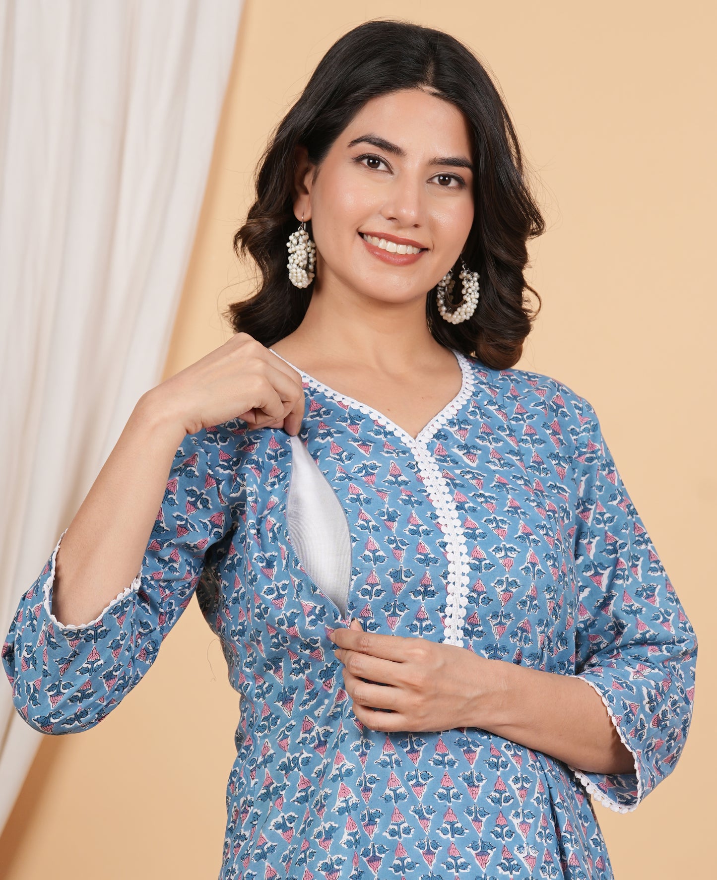 Nitai Sachi Suta Handblock Cotton Twin Zip Nursing Kurti