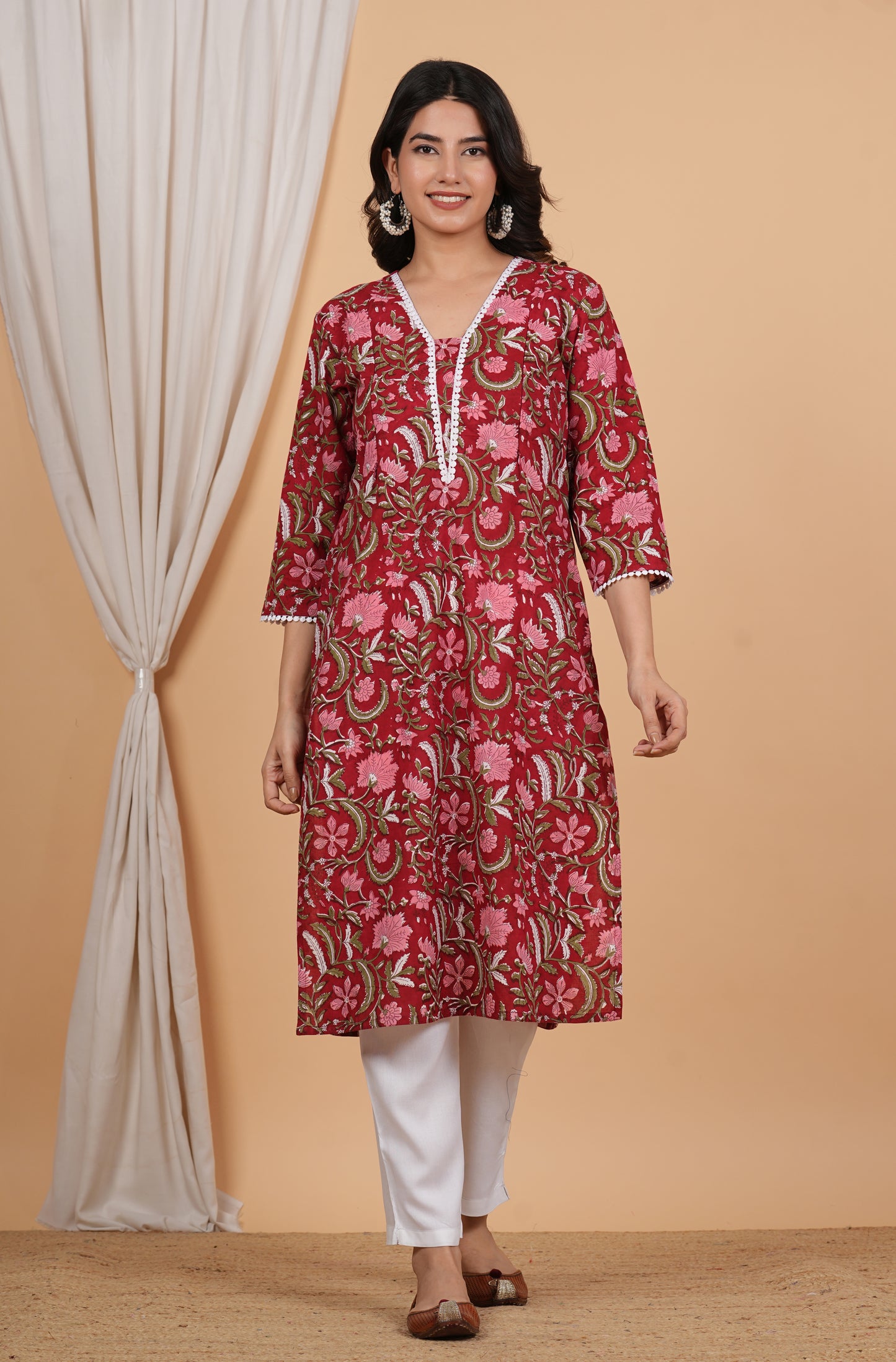 Floral Red Cotton Twin Zip Maternity Feeding Kurti