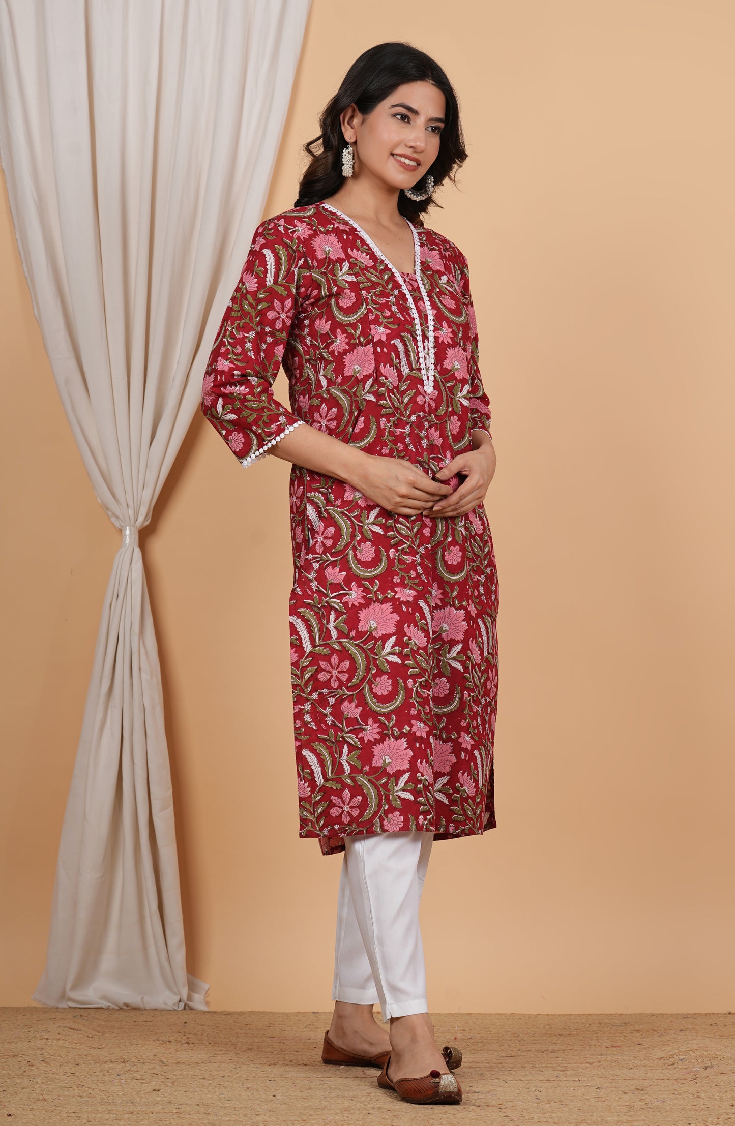 Floral Red Cotton Twin Zip Maternity Feeding Kurti