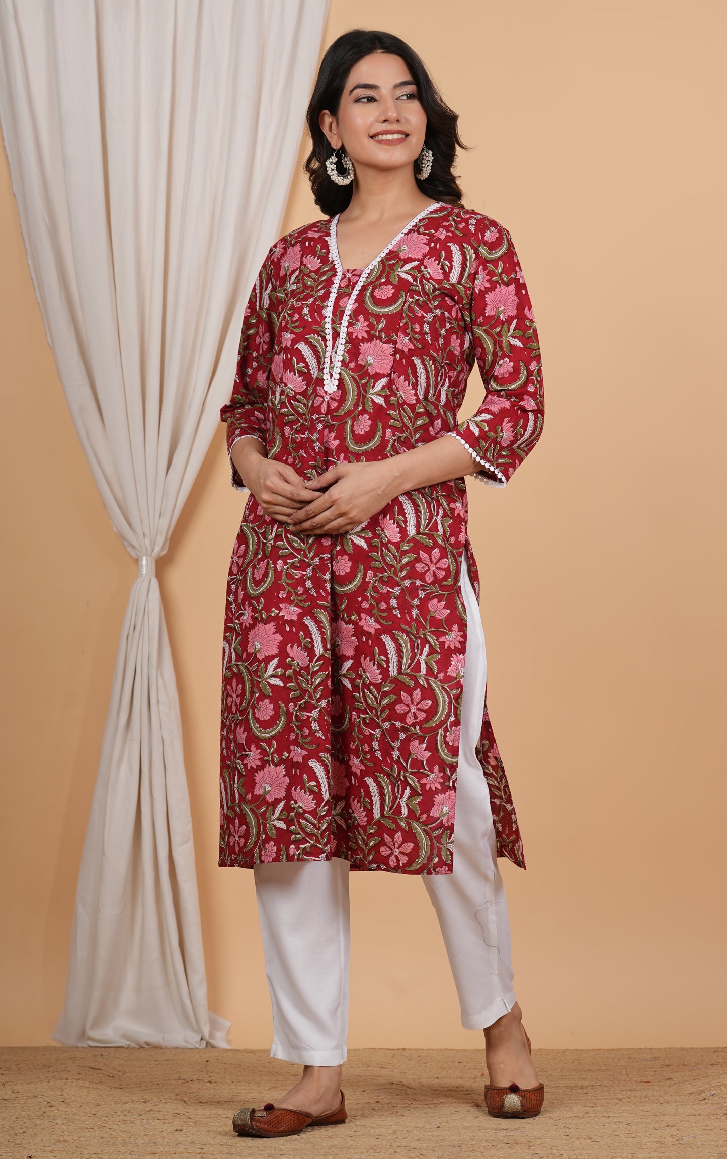 Floral Red Cotton Twin Zip Maternity Feeding Kurti