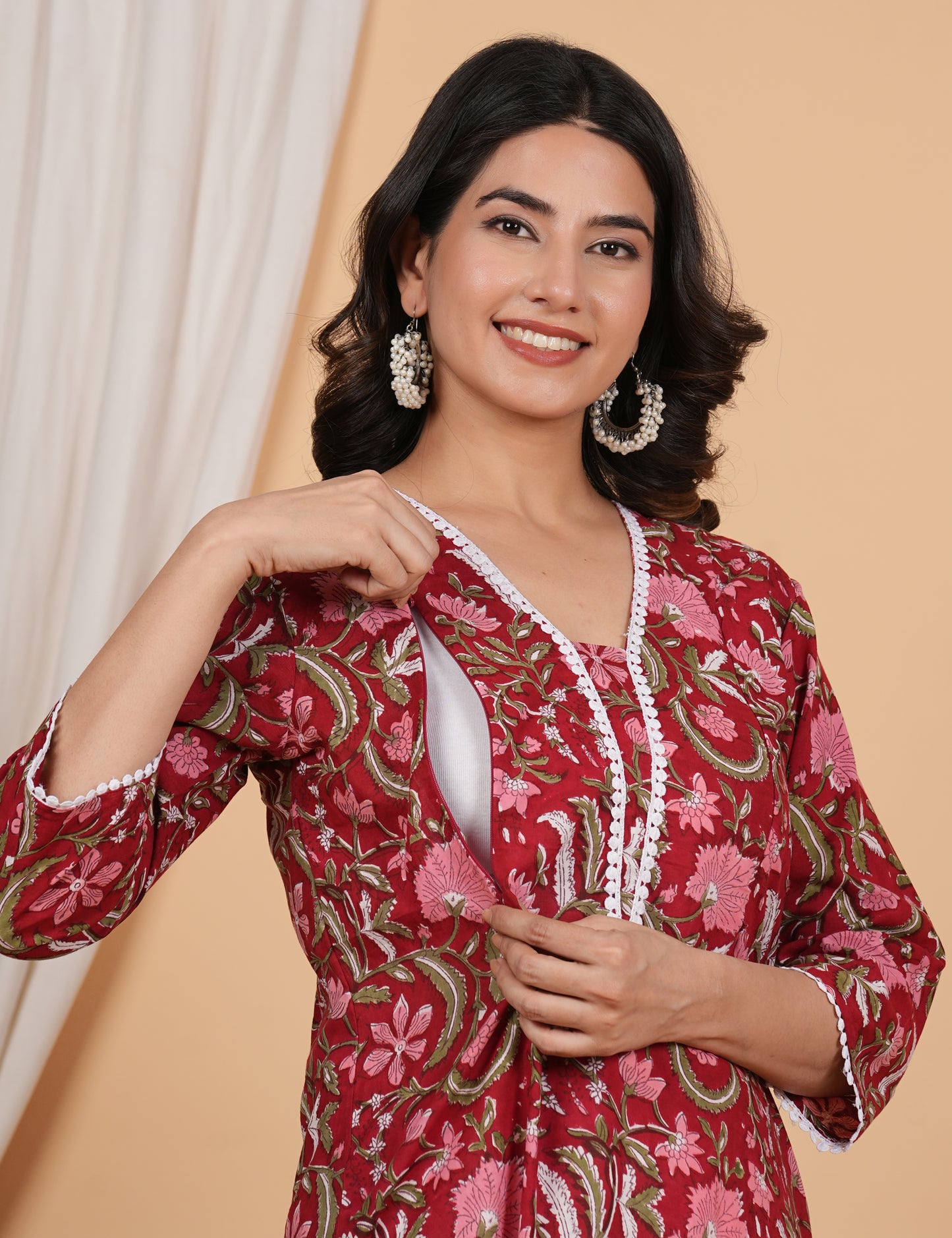 Floral Red Cotton Twin Zip Maternity Feeding Kurti