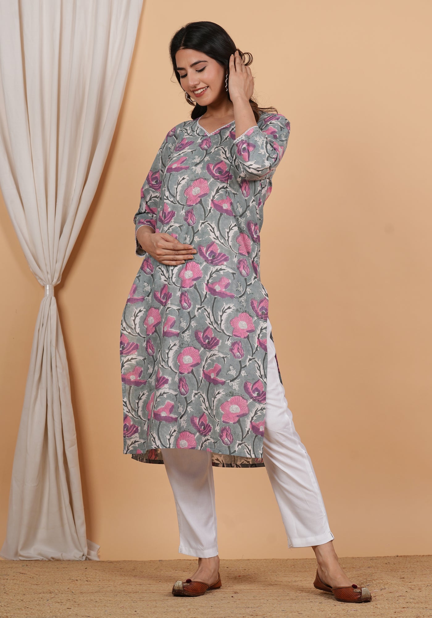 Floral Grey Printed Cotton Twin Zip Maternity Feeding Kurti Dress