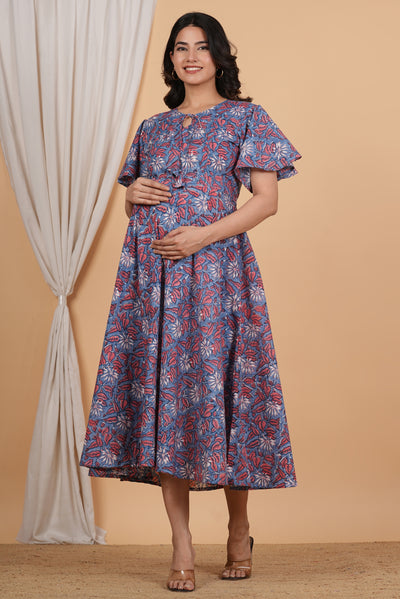 Floral Printed Twin Zip Cotton Maternity Feeding Dress For Pregnancy