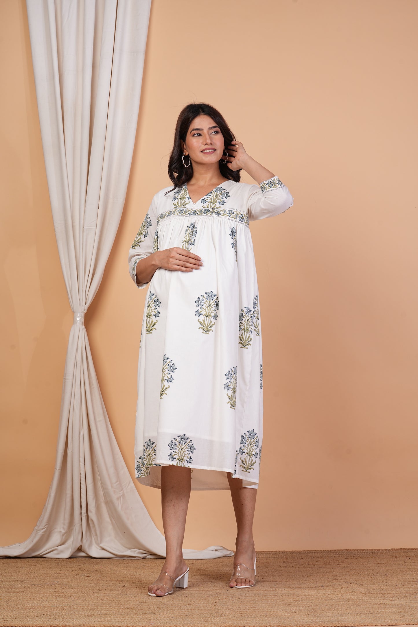 Karuna Nidhaan Handblock Cotton Feeding Dress for Pregnancy