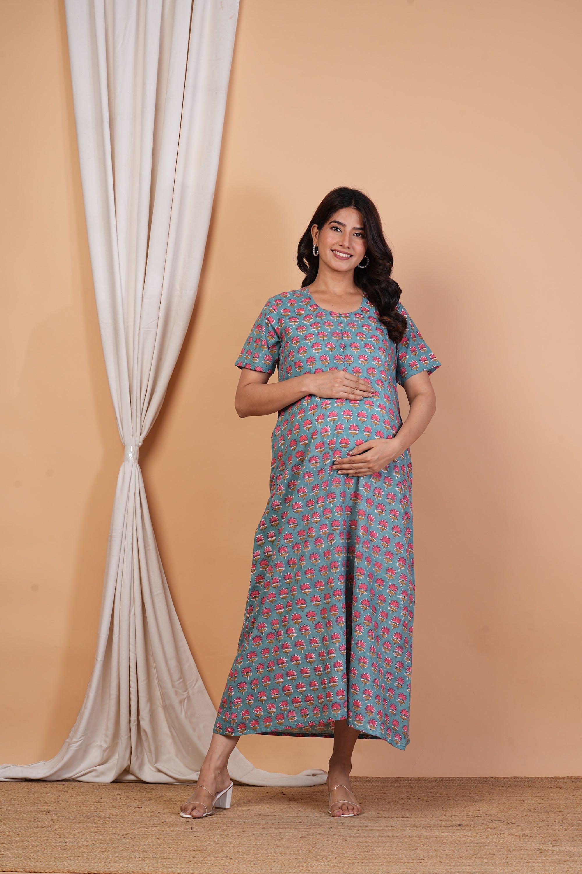 Nadiya Vihari Handblock Cotton Nursing Gown