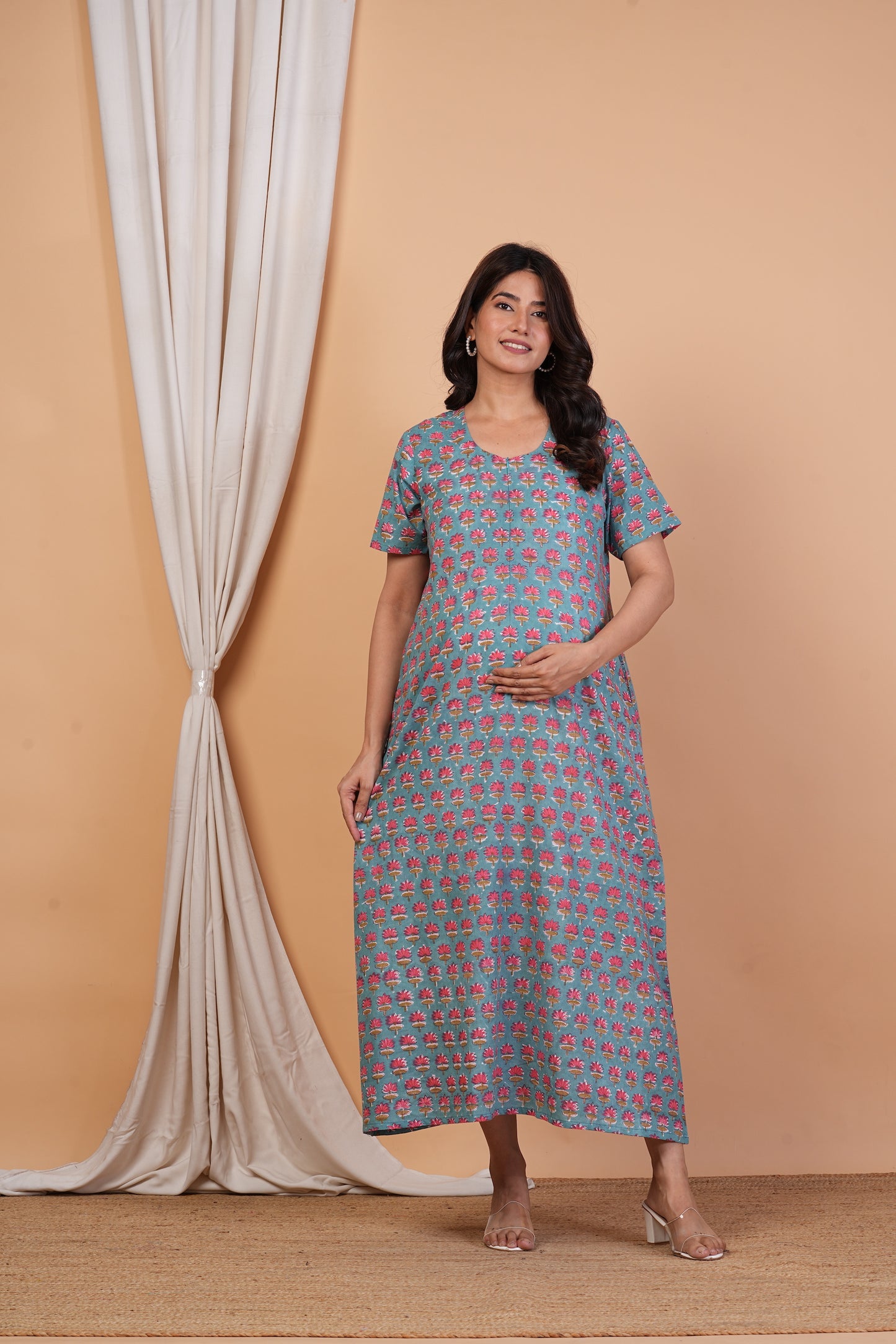 Nadiya Vihari Handblock Cotton Nursing Gown