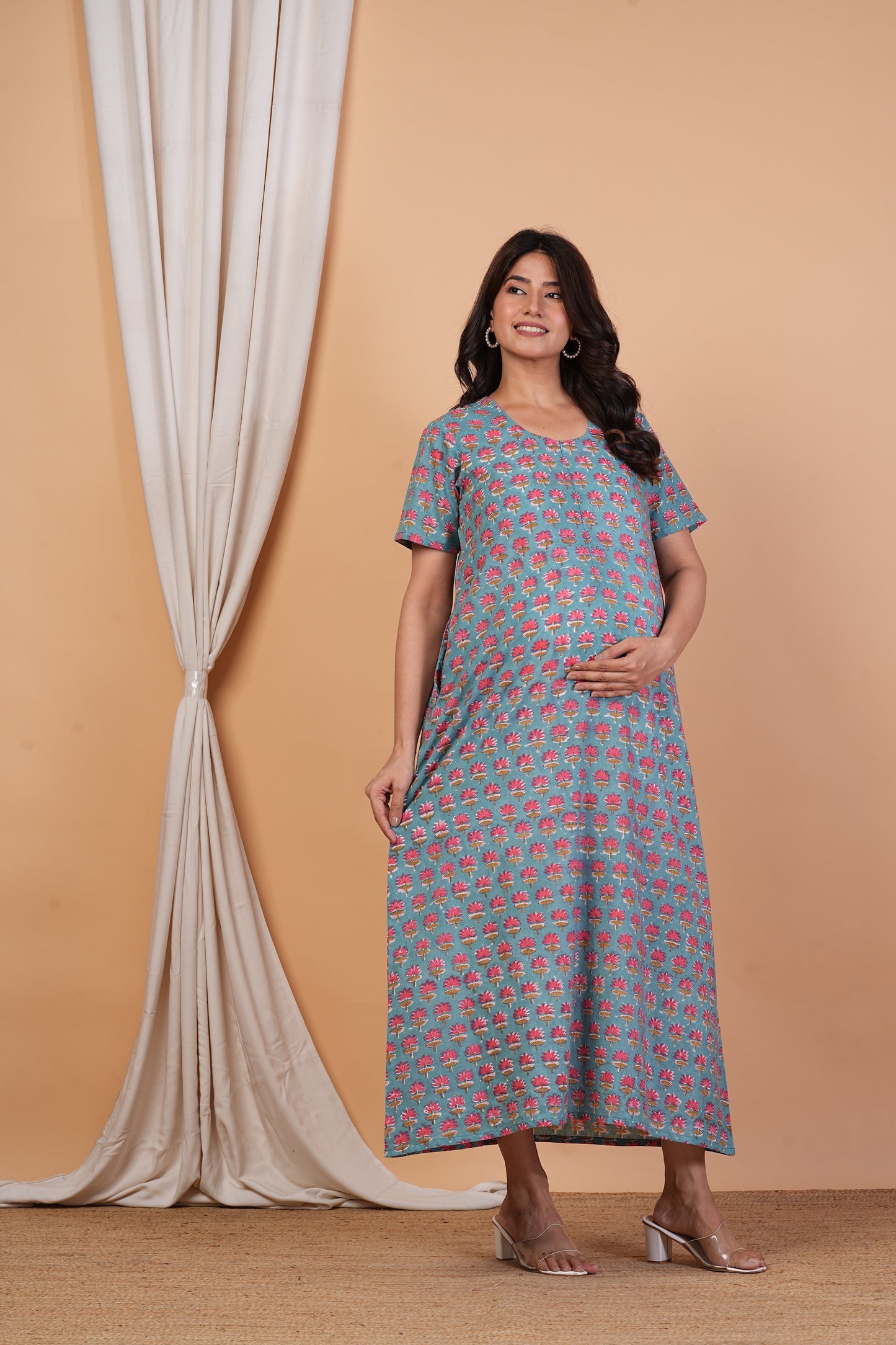 Nadiya Vihari Handblock Cotton Nursing Gown