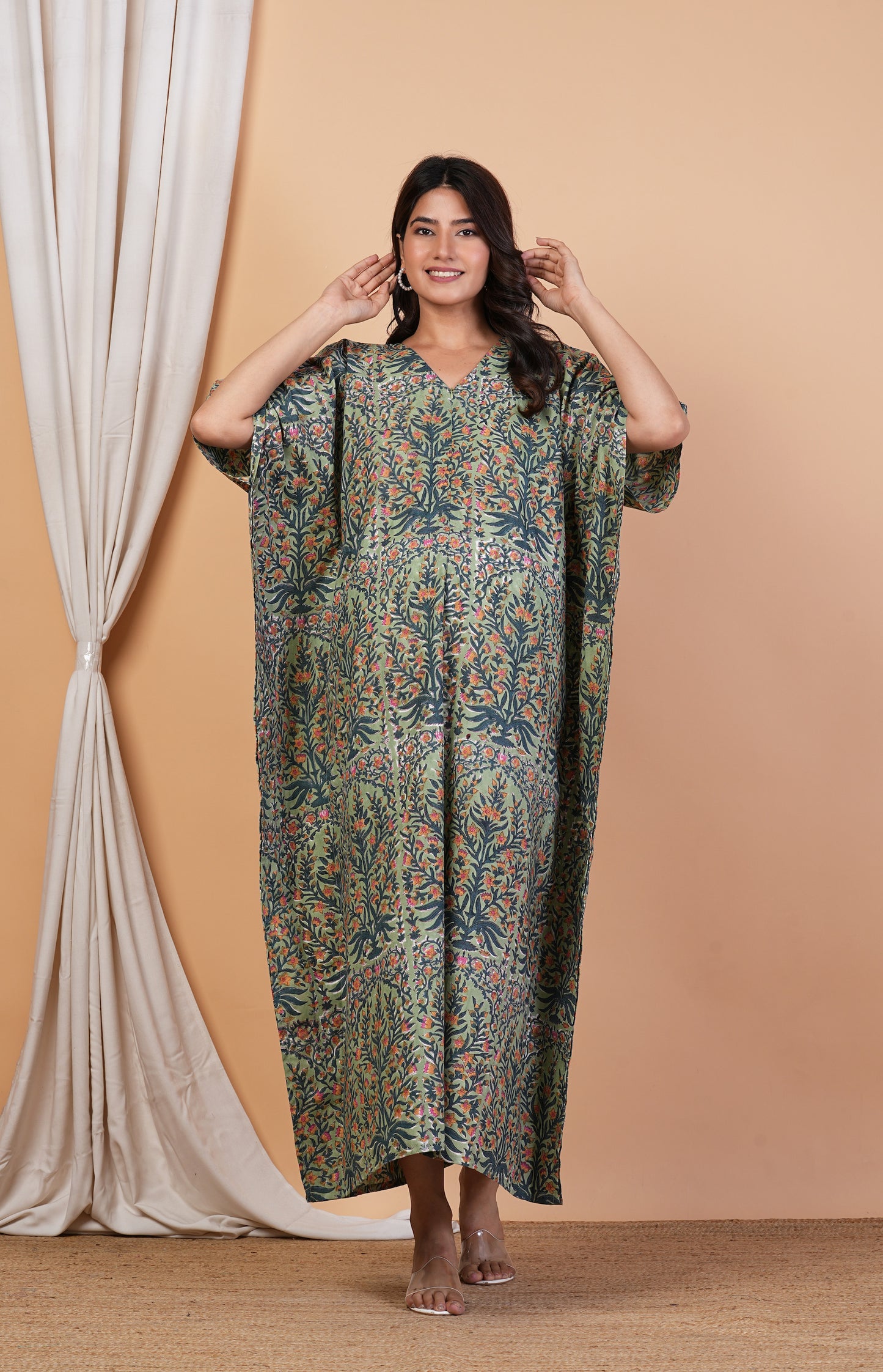 Leela Madhuri Handblock Cotton Nursing Kaftan Gown