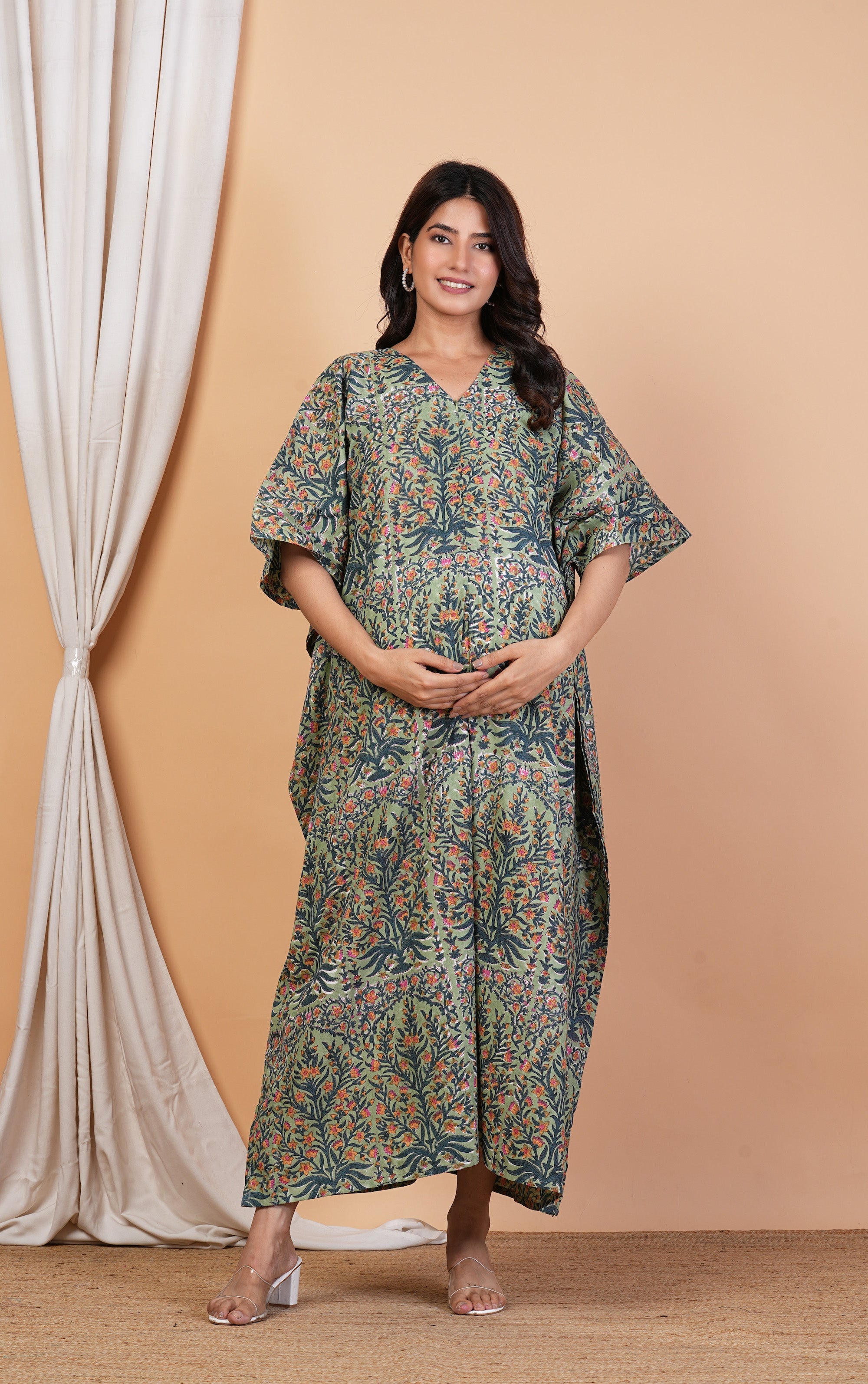 Leela Madhuri Handblock Cotton Nursing Kaftan Gown