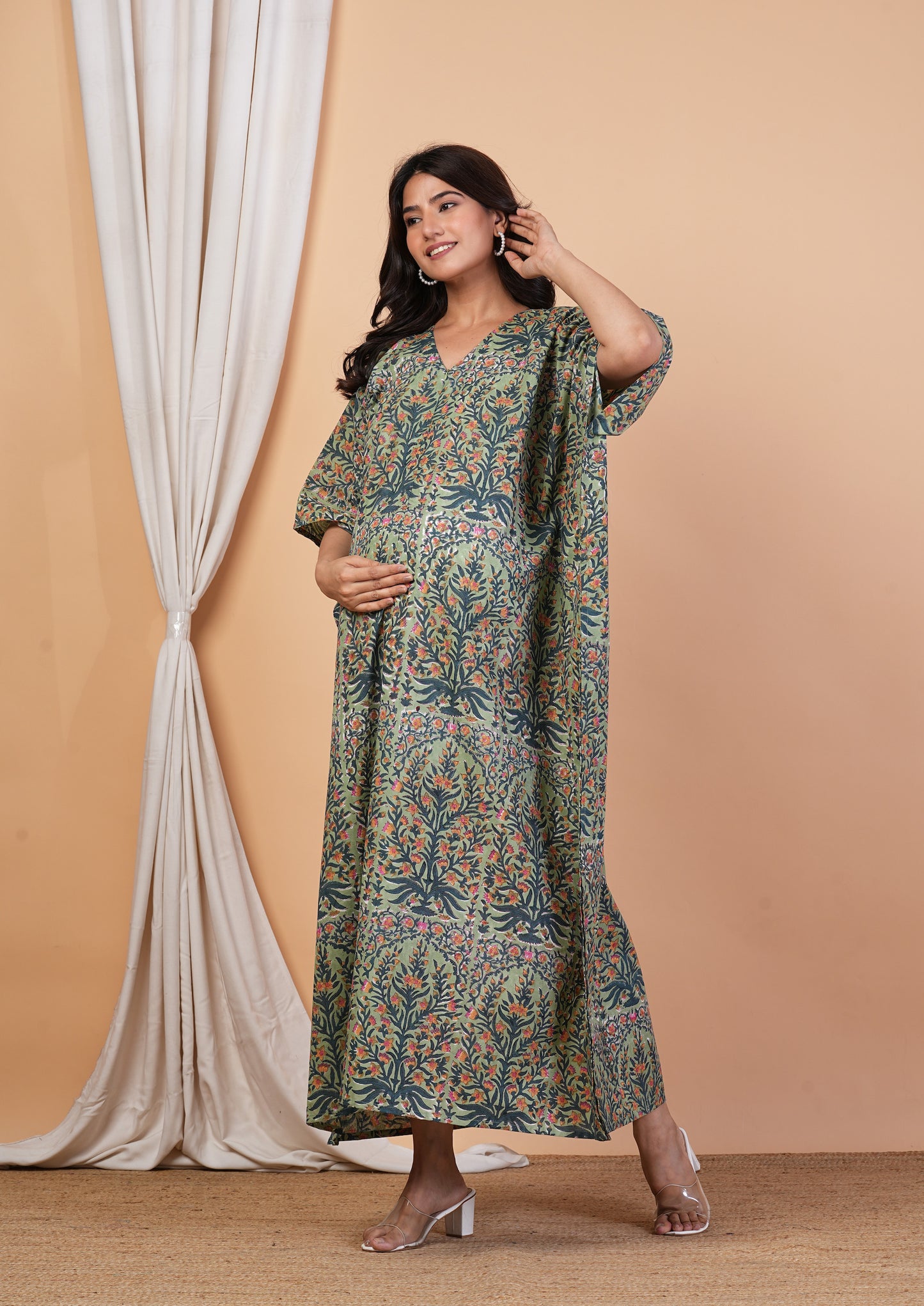 Leela Madhuri Handblock Cotton Nursing Kaftan Gown