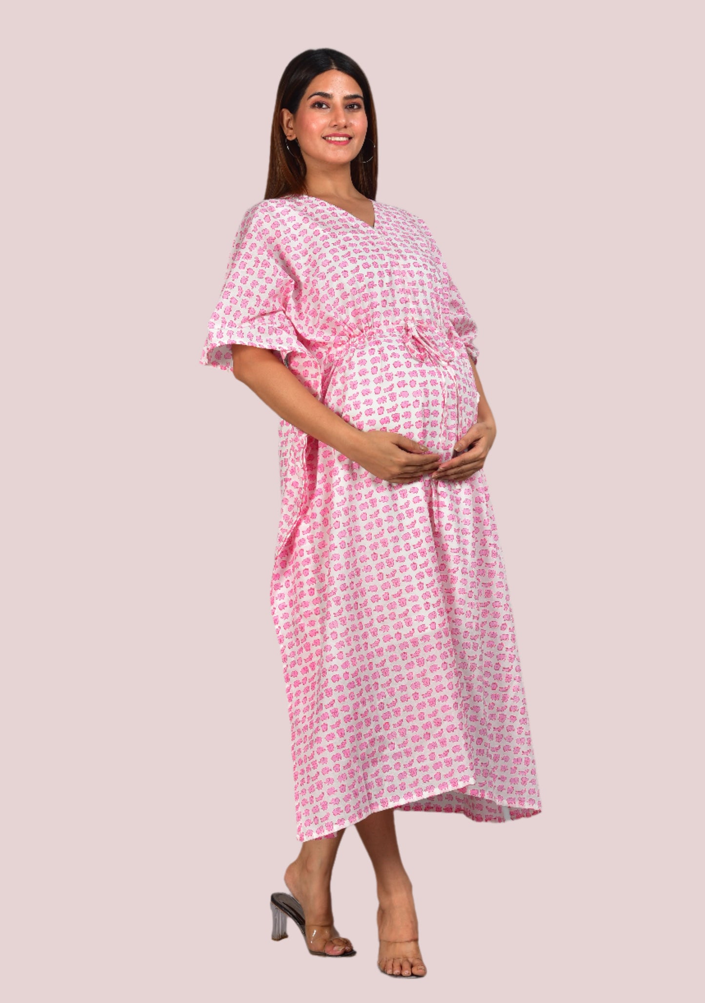 Pink Elephant Cotton Maternity/Nursing Kaftan