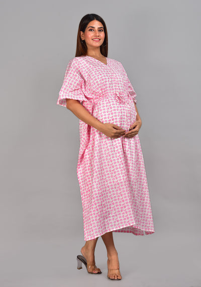 Pink Elephant Cotton Maternity/Nursing Kaftan