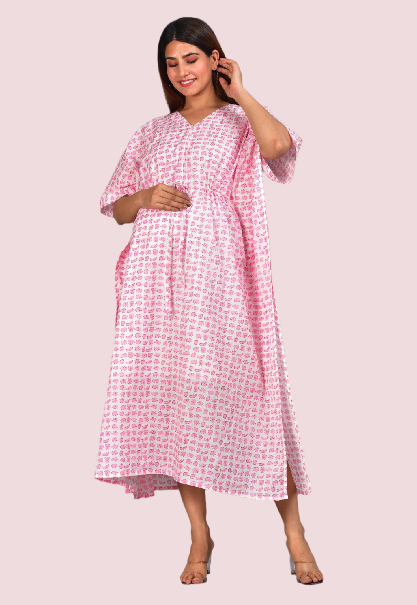 Pink Elephant Cotton Maternity/Nursing Kaftan